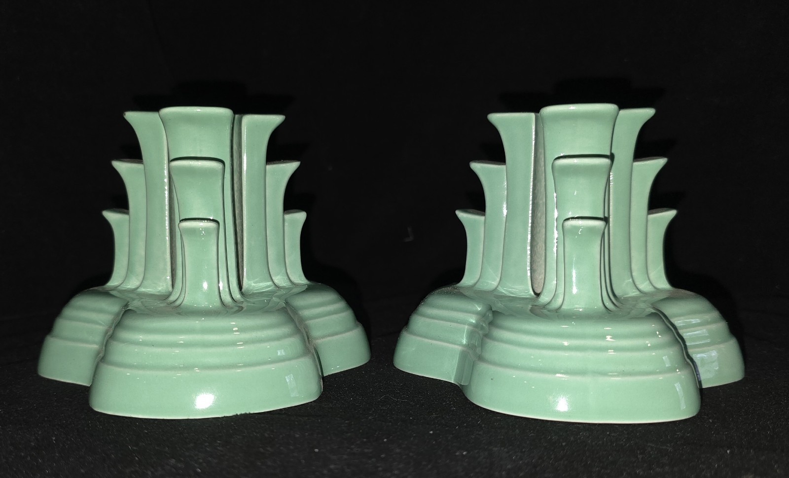 Fiestaware HTF Sea Mist green Pyramid Tripod Taper Candle Holder Art Deco Lot-2