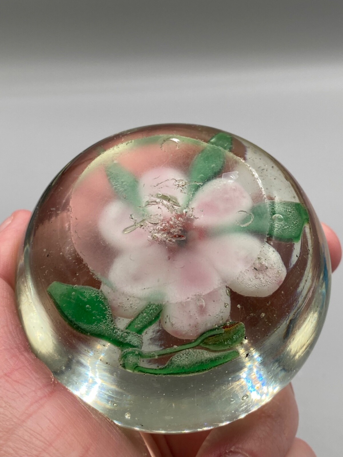 Antique Pink Red CLEMATIS FLOWER BUD Glass Paperweight GLOWS UNDER UV BLACKLIGHT