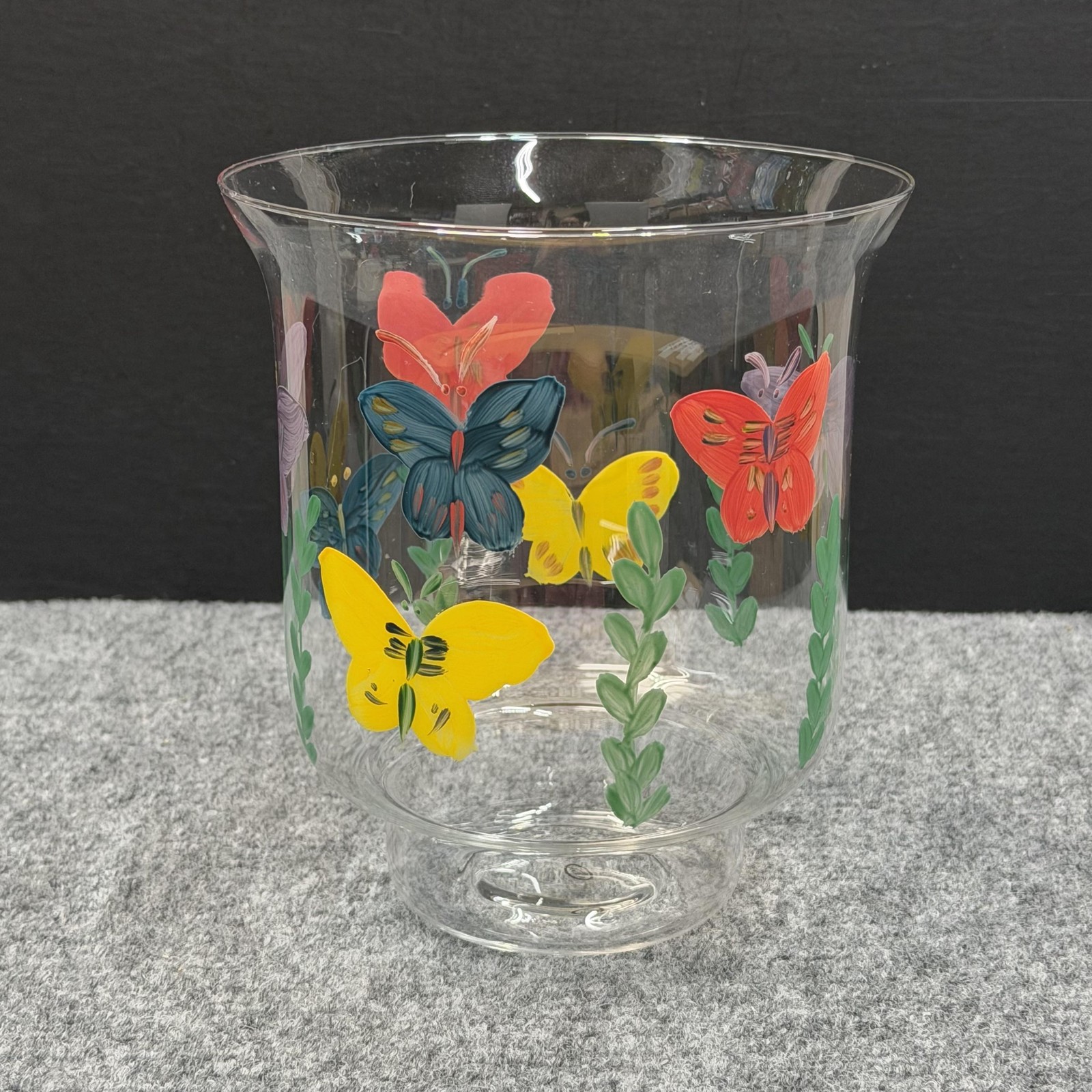 Hand Blown Glass Pillar Candle Holder 7″ Butterfly Handpainted Hurricane Style