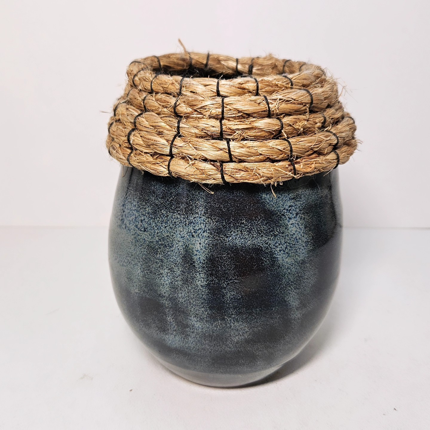 Dark Blue Egg Shaped Braided Rim Studio Pottery Vase Stamped HP