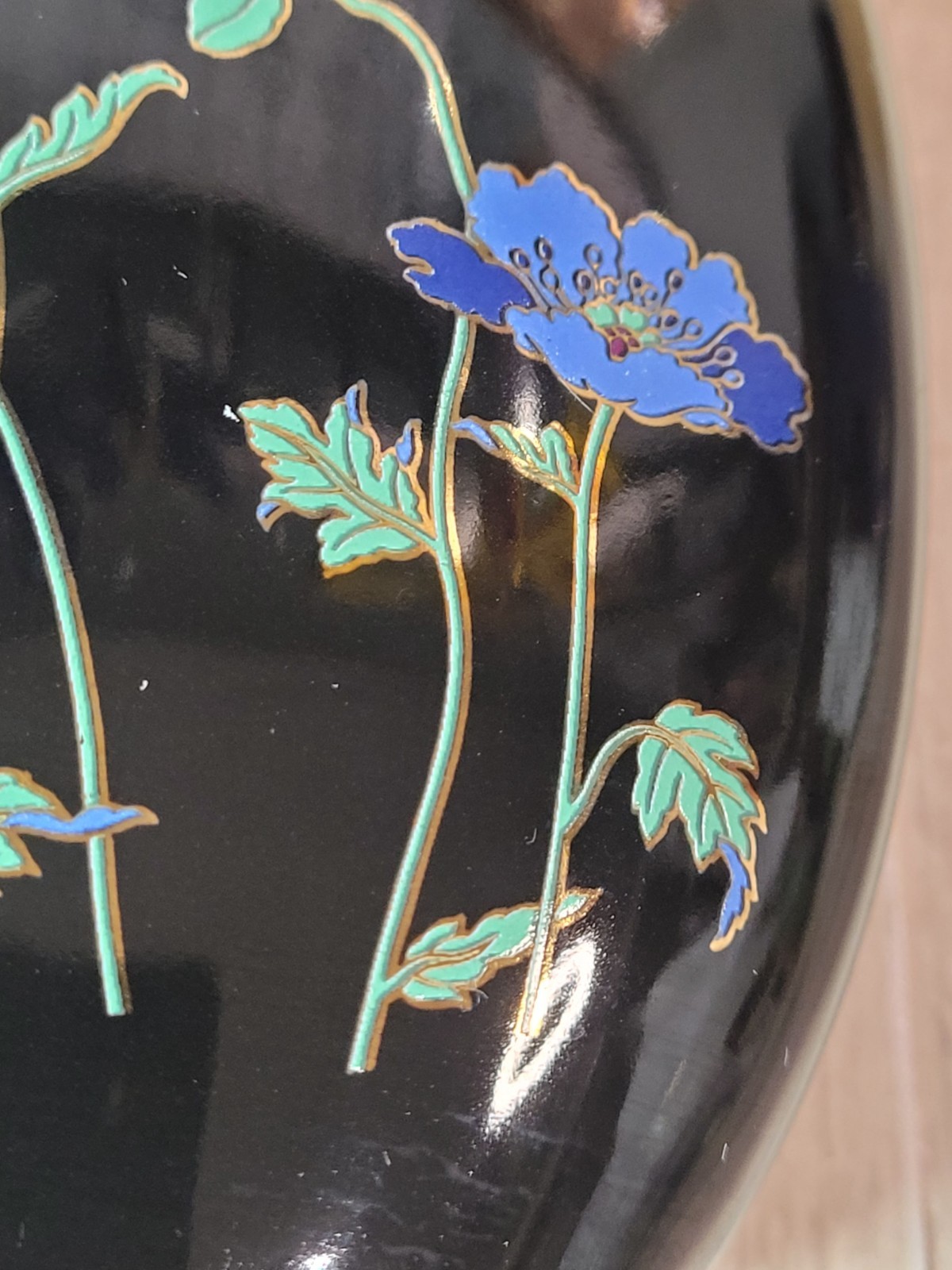 Vintage Japanese Black Glaze Vase Hand Painted Floral Gold Detail Ceramic