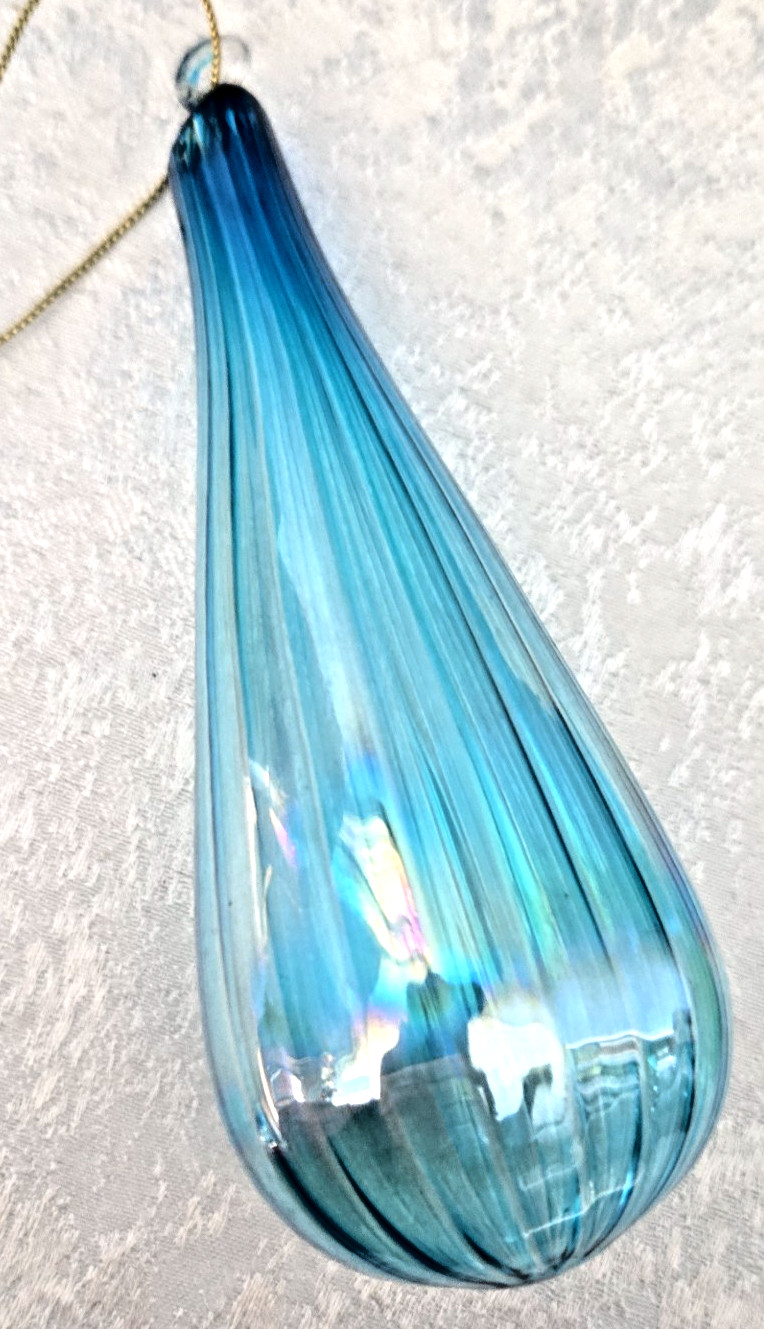 Vintage Blown Art Glass Teardrop Ornament Light Blue Iridescent 5″