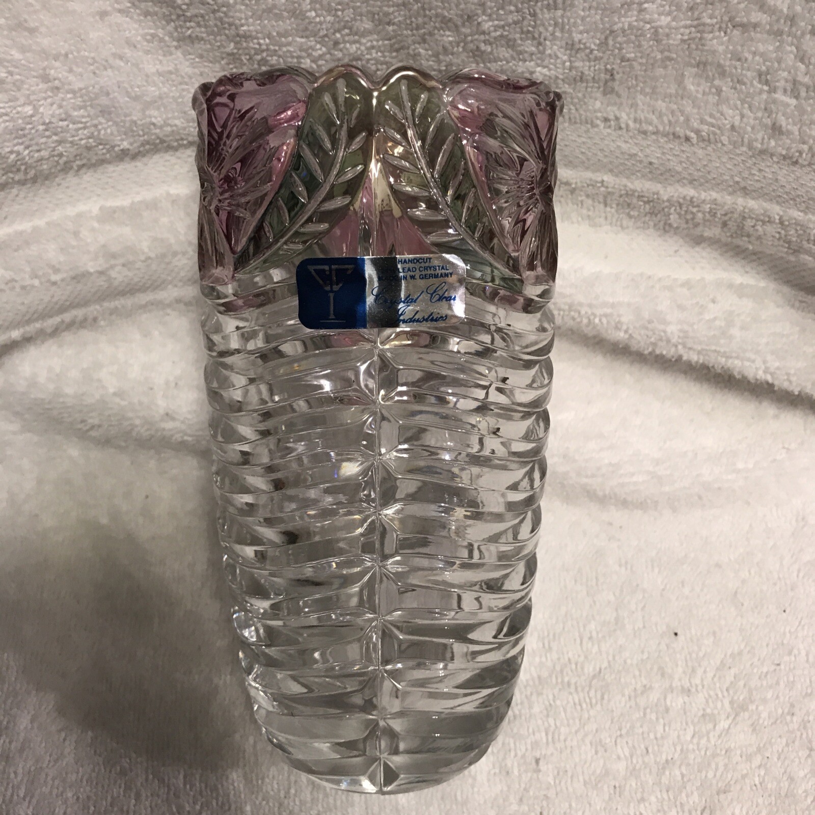 CRYSTAL CLEAR INDUSTRIES Heavy Glass Ripple VASE Purple ROSE PETALS Hand Painted