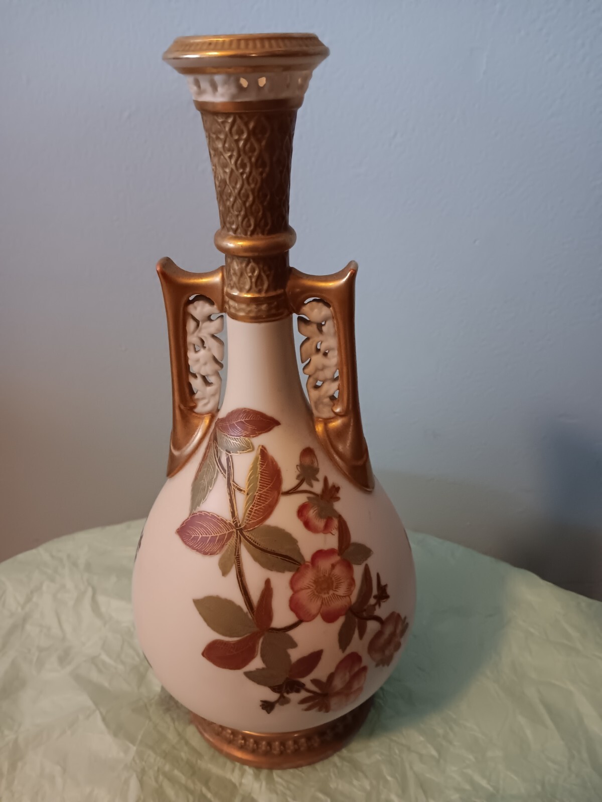 Royal Worcester Gold Gilt Fern Leaves & Blush Ivory 10 1/8 Inch Vase Circa 1887