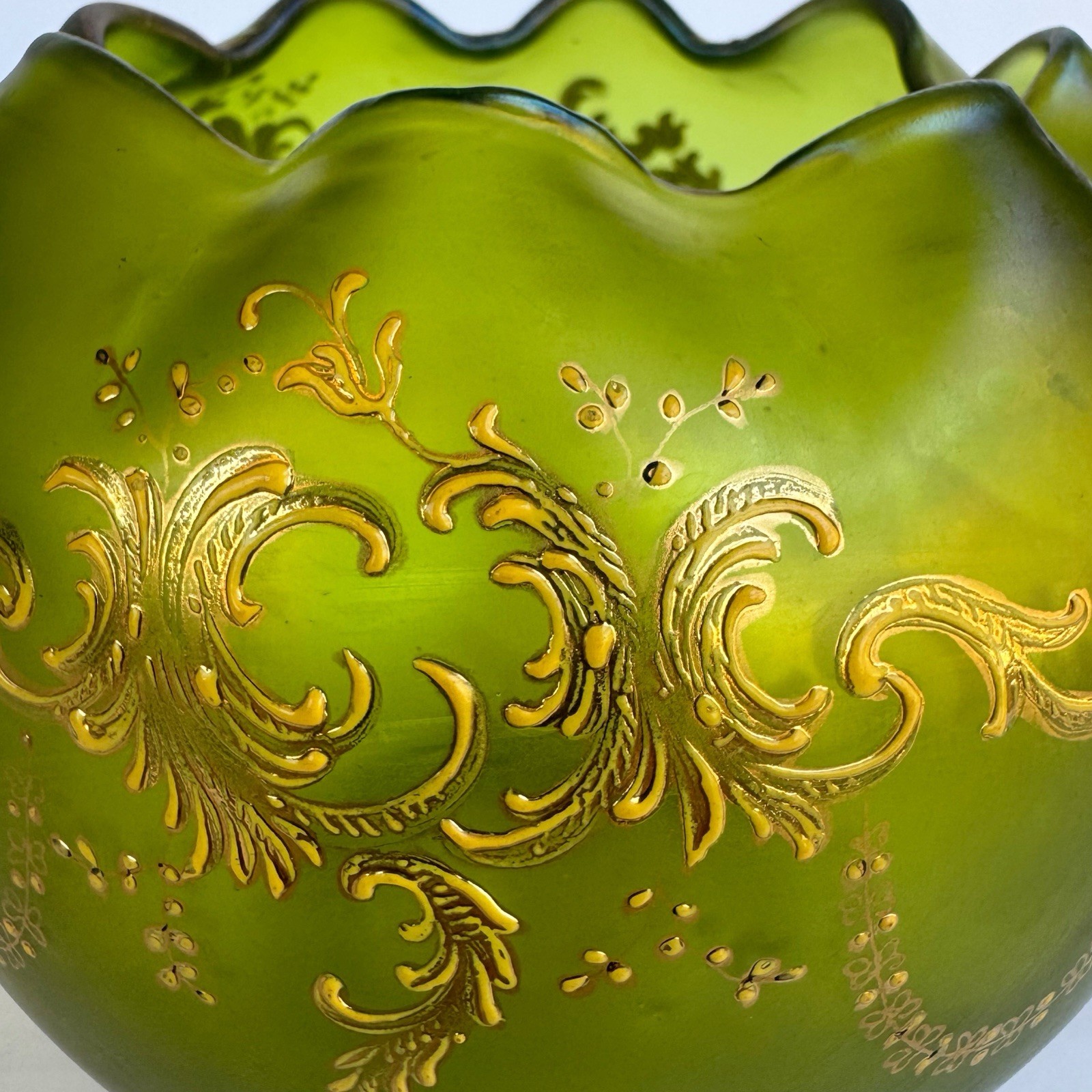 Antique Bohemian Moser Style Green Iridescent Art Glass Rose Bowl Gold Enamel