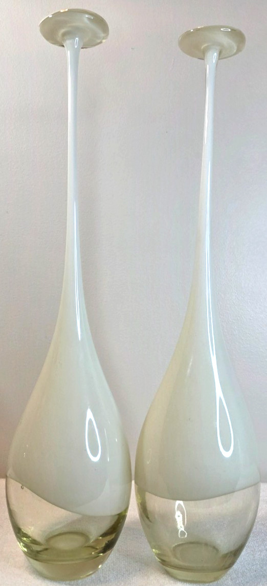 White Art Glass Stretch Long Thin Neck Vase w/ Flange Rim Used