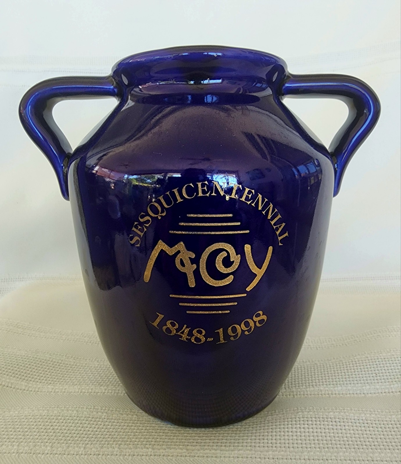 McCoy Pottery Signed 150 Year Anniversary Cobalt & Gold Handled Oil Jar or Vase