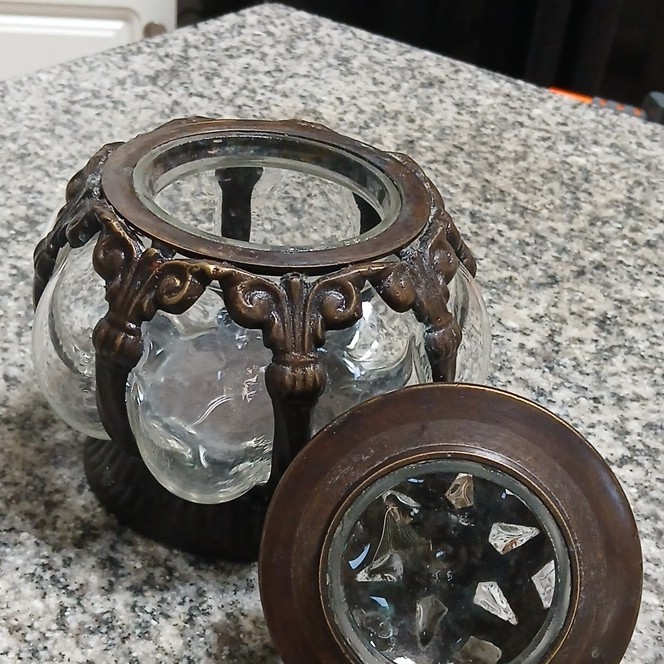 Unmarked Brass Vintage Baroque Hand Blown Bubble Glass Apothecary Jar