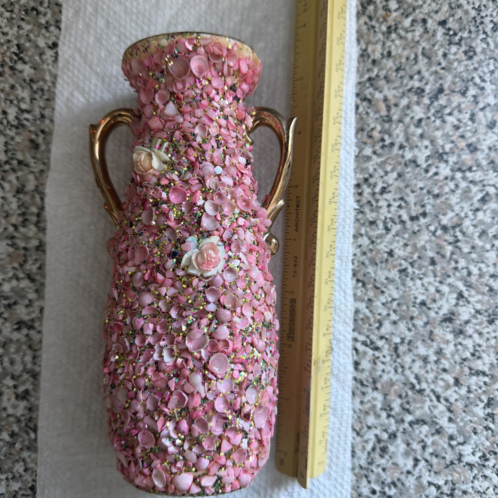 Vintage Sea Shell Art Pink Encrusted Vase 7” Roses Souvenir Gold Glitter Accents
