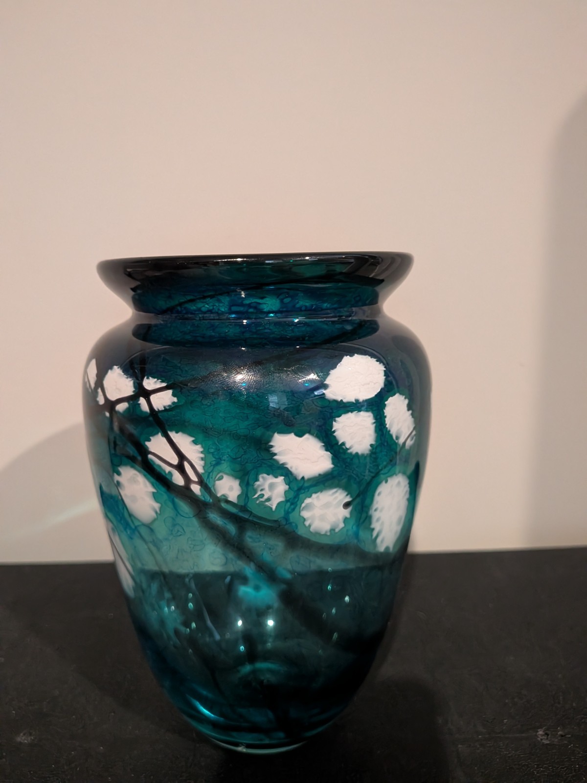 Hand Blown Studio Art Glass Vase Teal Blue Black Signed 7.5” Abstract