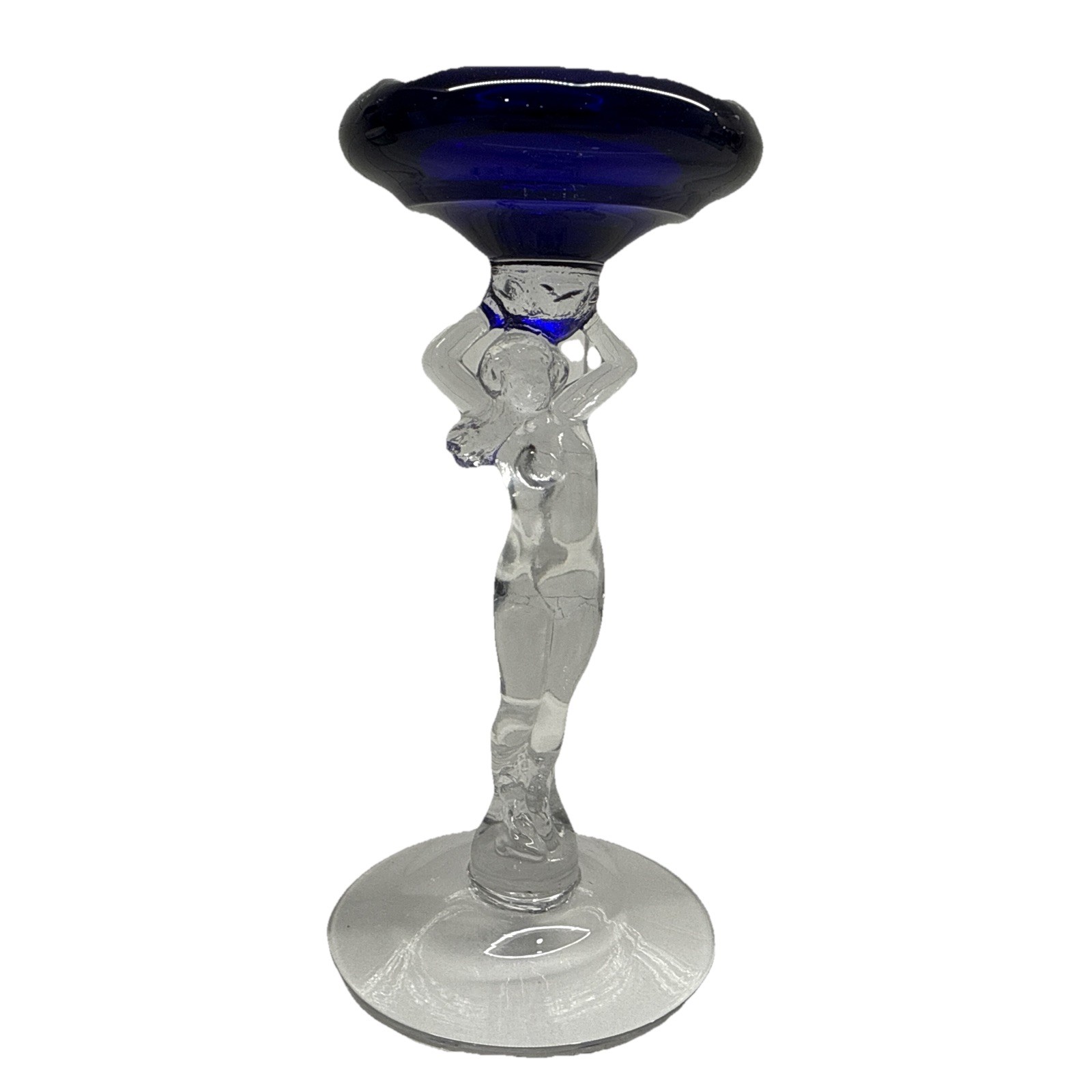 Vintage Cambridge Glass 3011 Statuesque Nude Figural Ashtray Compote Royal Blue