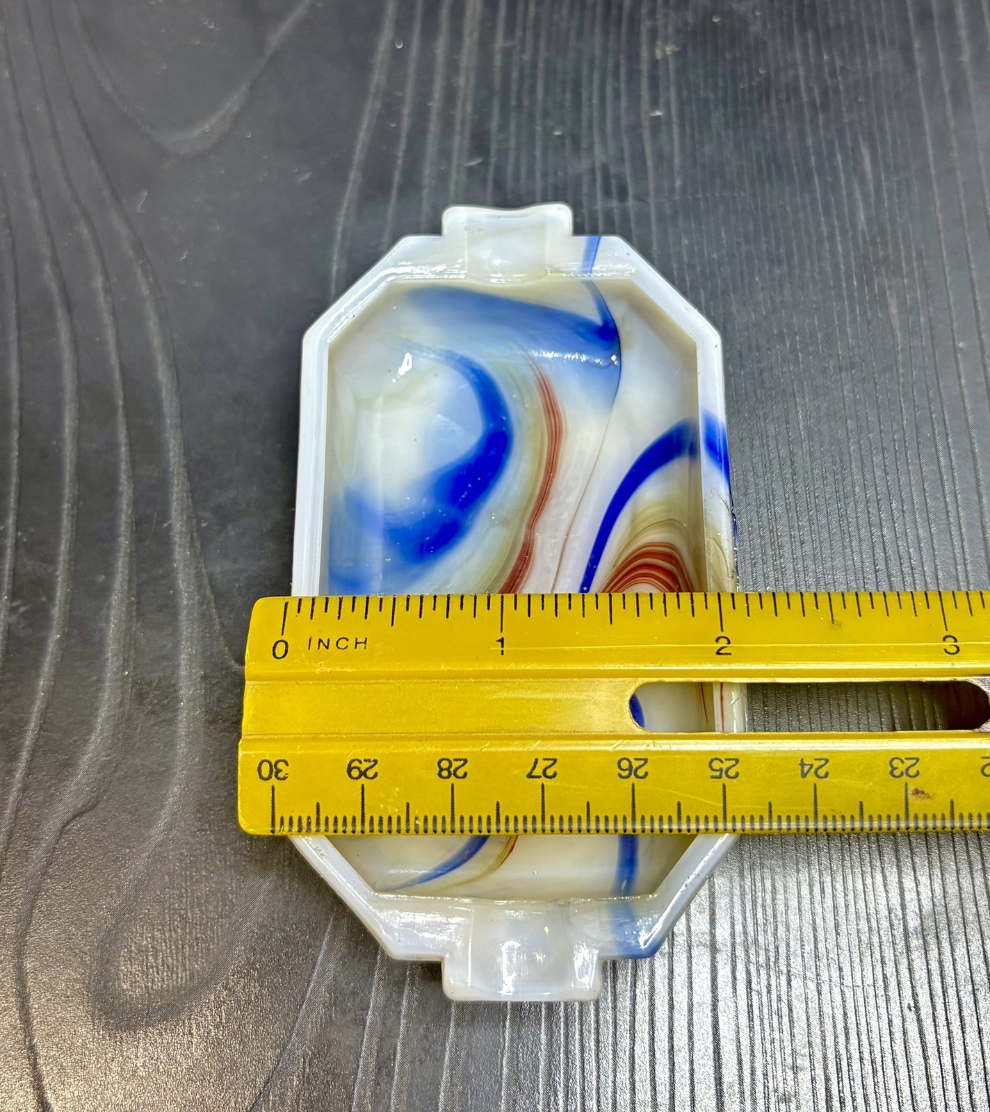 Akro Agate Blue/Red Copper Swirl ASHTRAY UV Uranium Glass