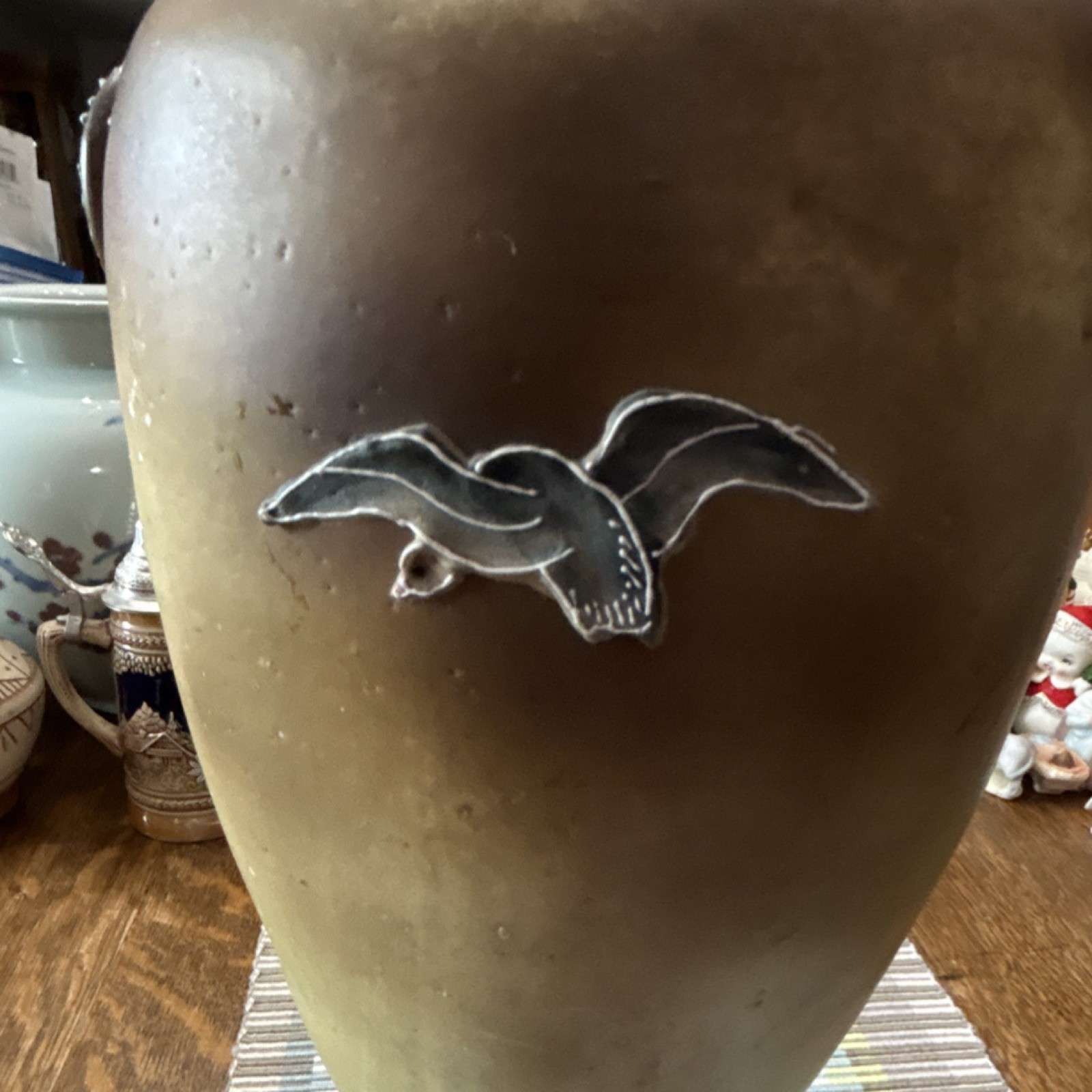 Ceramic Art Pottery Vase 14 in Green Brown Beige Matte Birds Hand Painted Carved