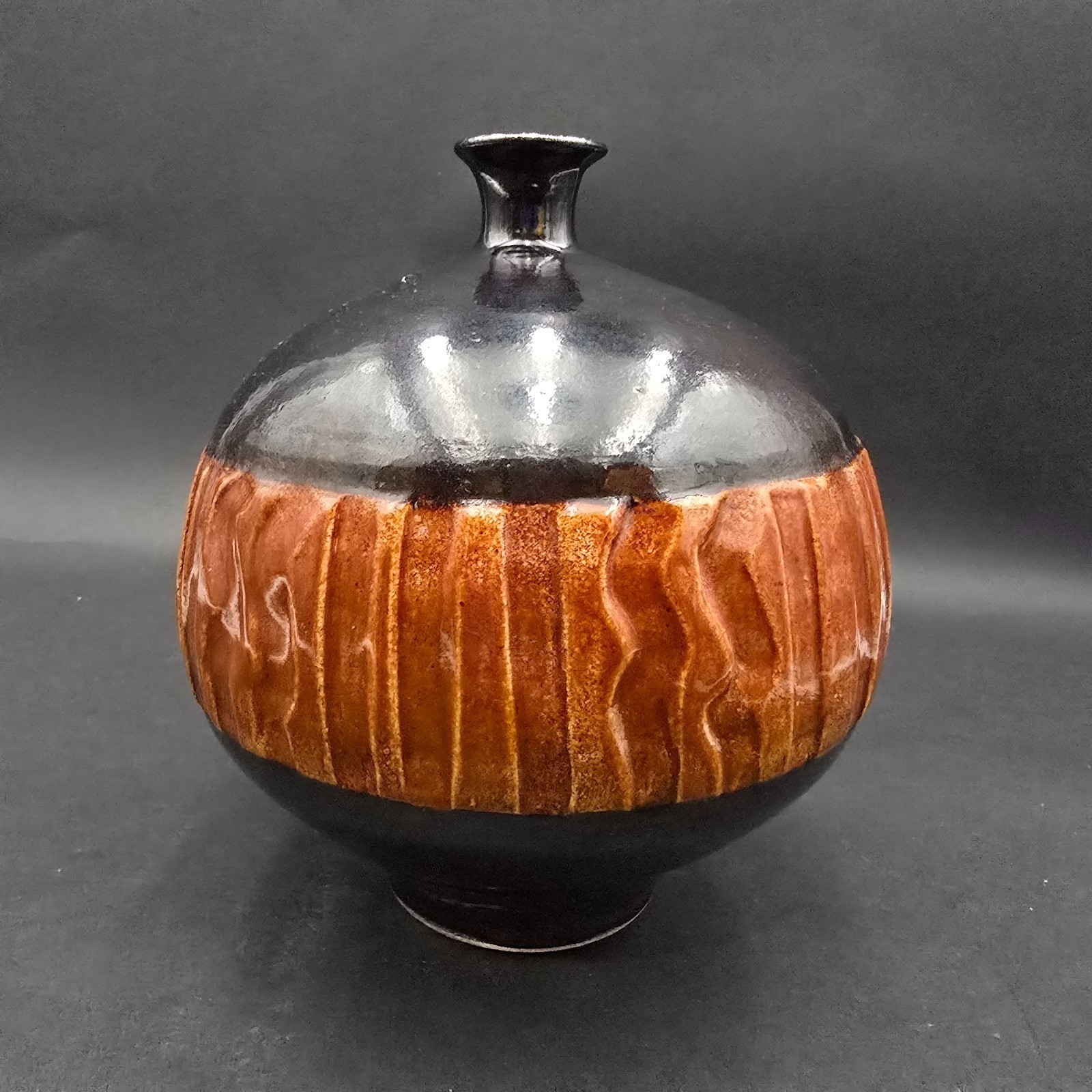 Vintage Stoneware Pottery Vase Signed Black Orange Philip Cornelius? 7.5″