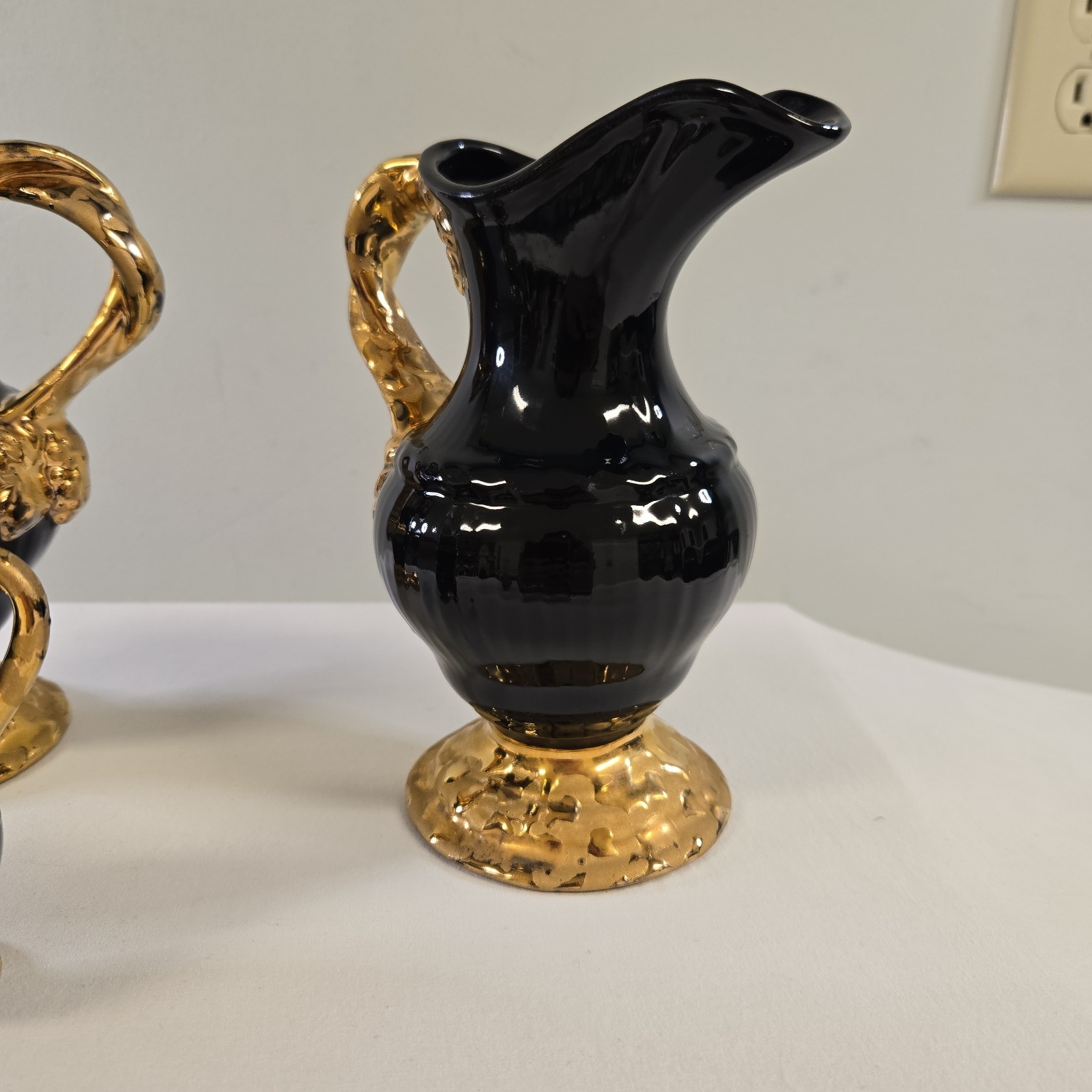 Weeping Gold And Glazed Black Pitcher Set 24K Plated Hollywood Regency MCM