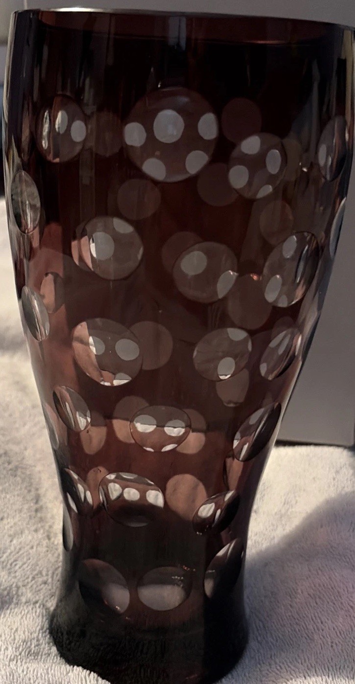 Bohemian Amethyst Cut to Clear Crystal Vase Czech Polka Dot Art Glass Decor