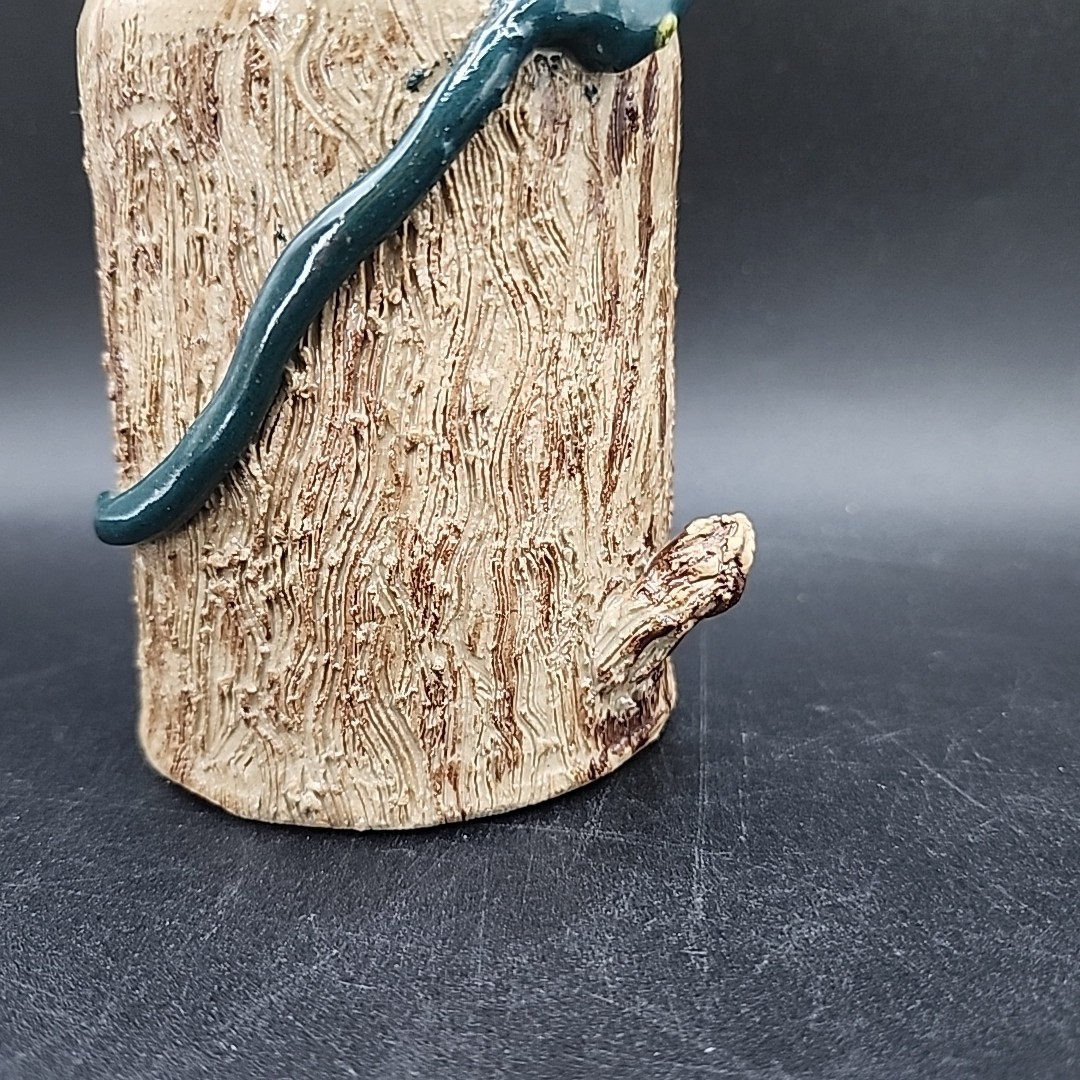 Unique Stoneware Artist Signed Pottery Bottle 7″ Tall Snake In Tree Design