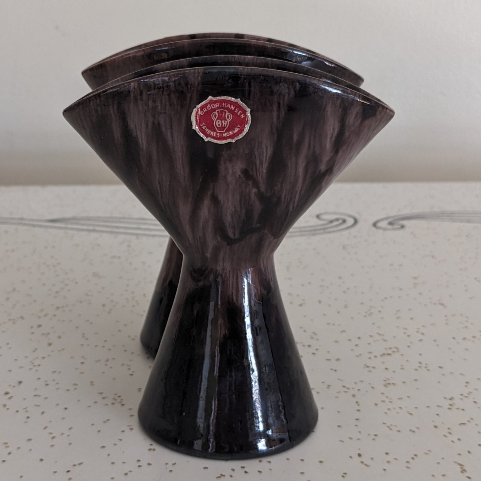 Vase 2 Fan Shaped Brown Flame Glazed 4 5/8 in Tall 2 1/4 in Base 4 1/8 in Top