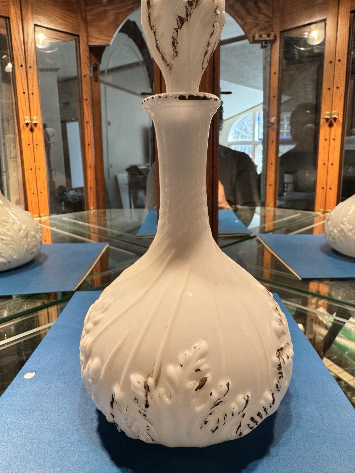 White Opaque Glass Decorative Bottle with Leaf Pattern, Stopper, 12in