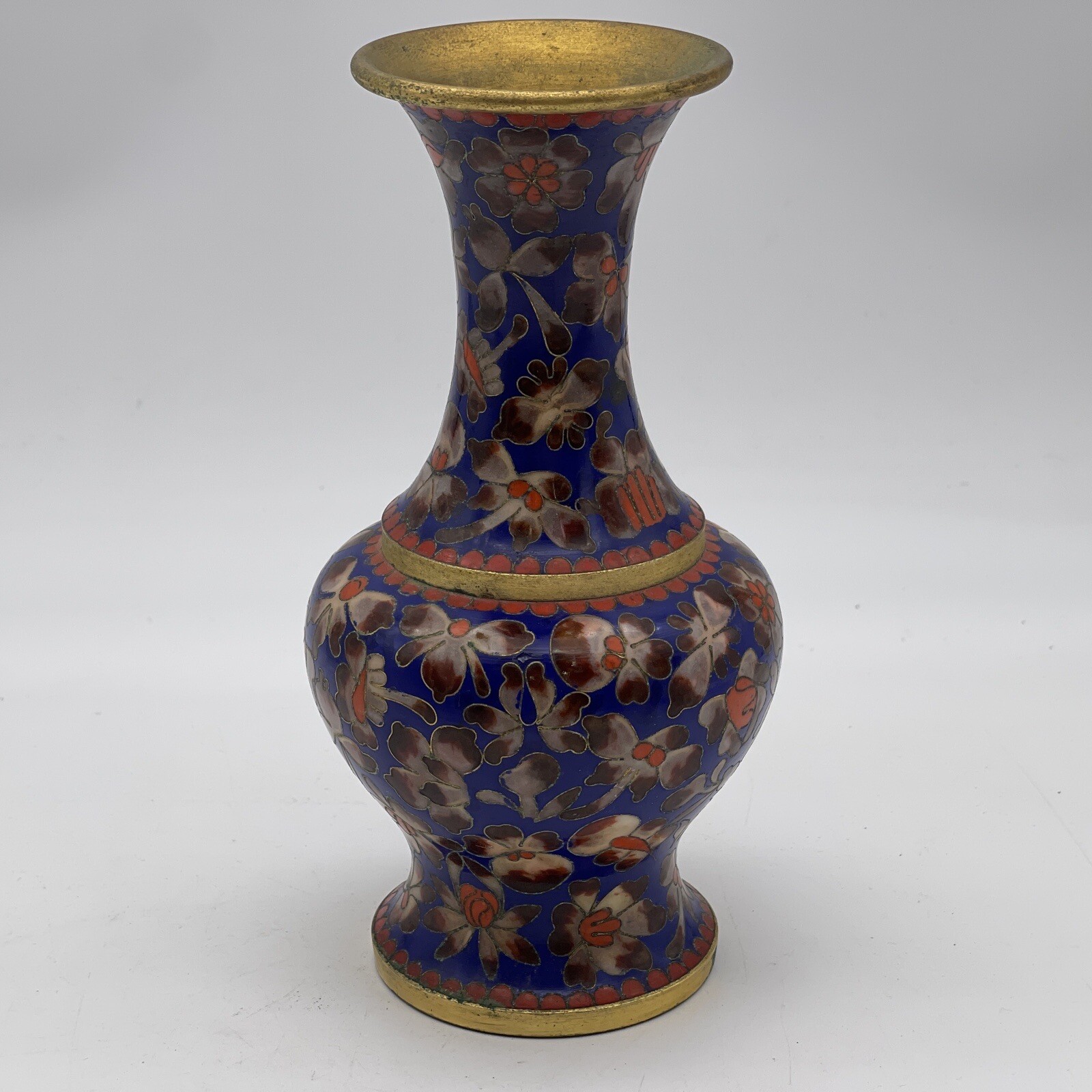 Cloisonné Vase Enameled Blue Orange Floral 8” Small Vintage