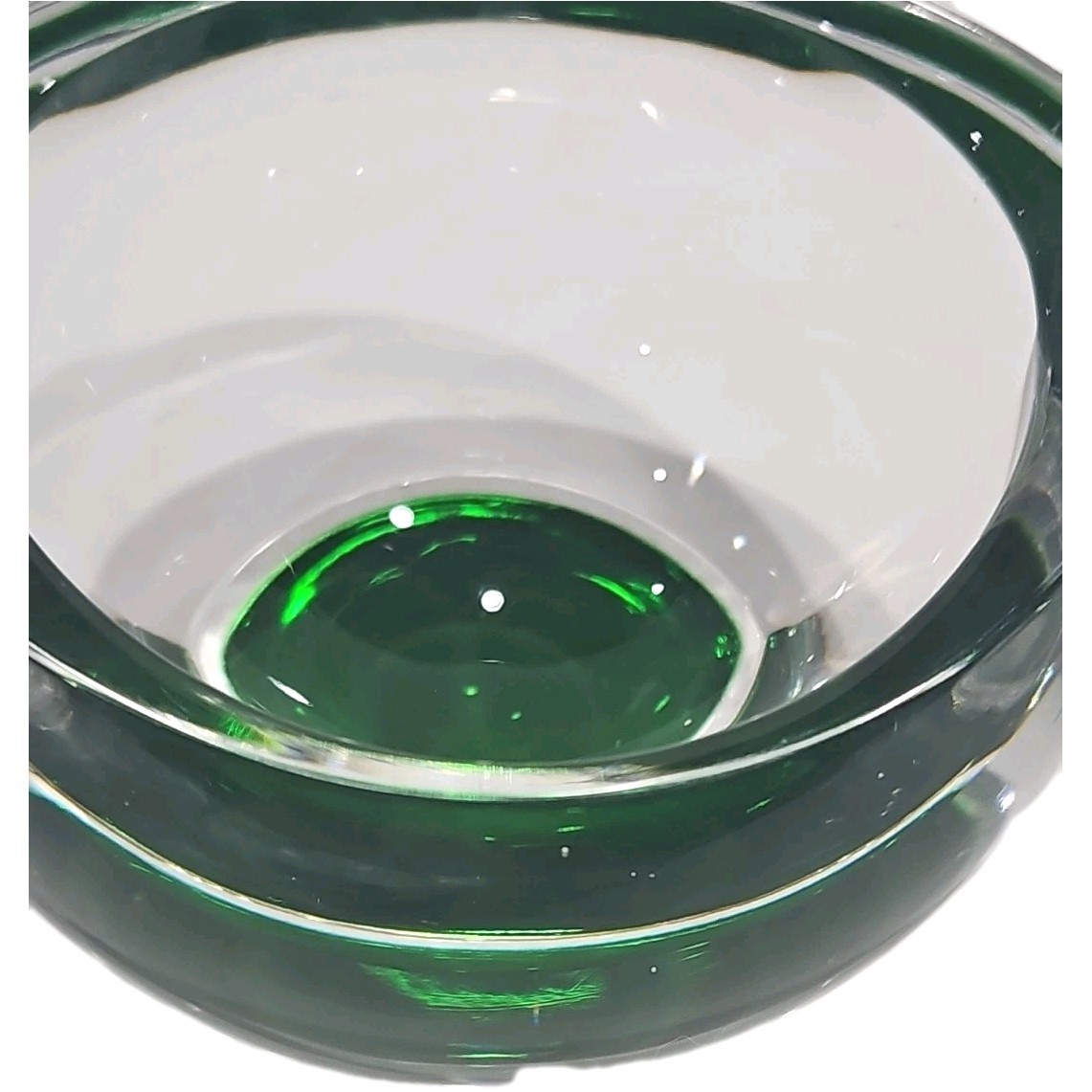 Vintage Murano Style Sommerso Hand Blown Heavy Glass Emerald Green & Clear Bowl