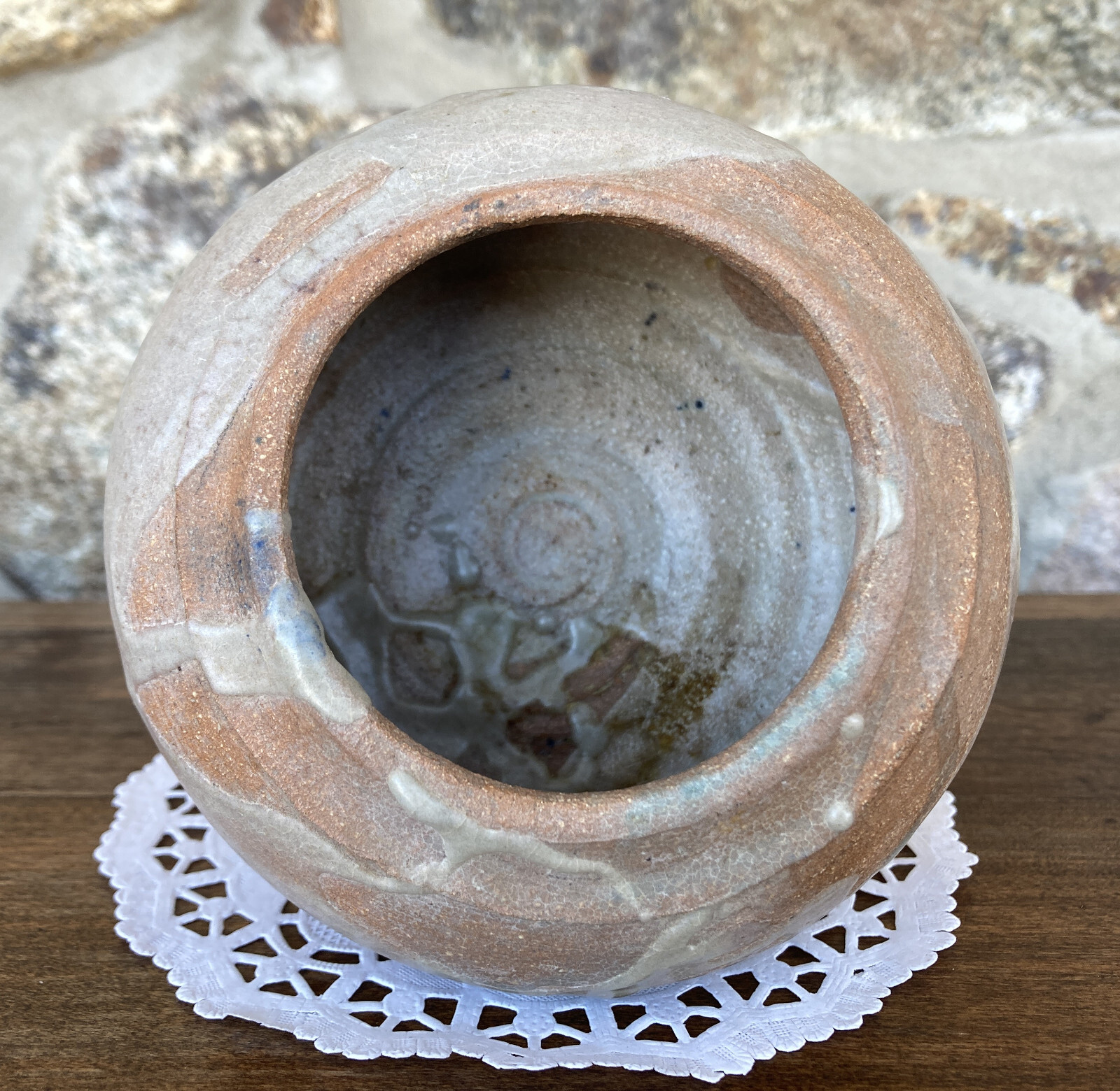Studio Terracotta Rotund Vase with White Opaque Crackle Shino Glaze – Vintage