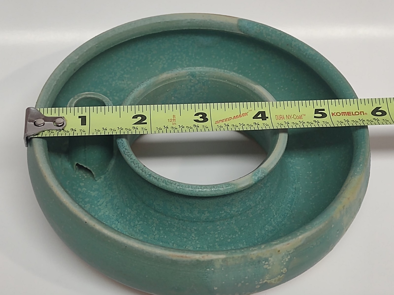 Green Ikebana Vase With 1 Tube, Hand-thrown, Signed, Pottery, 5.5″ Diameter, EUC