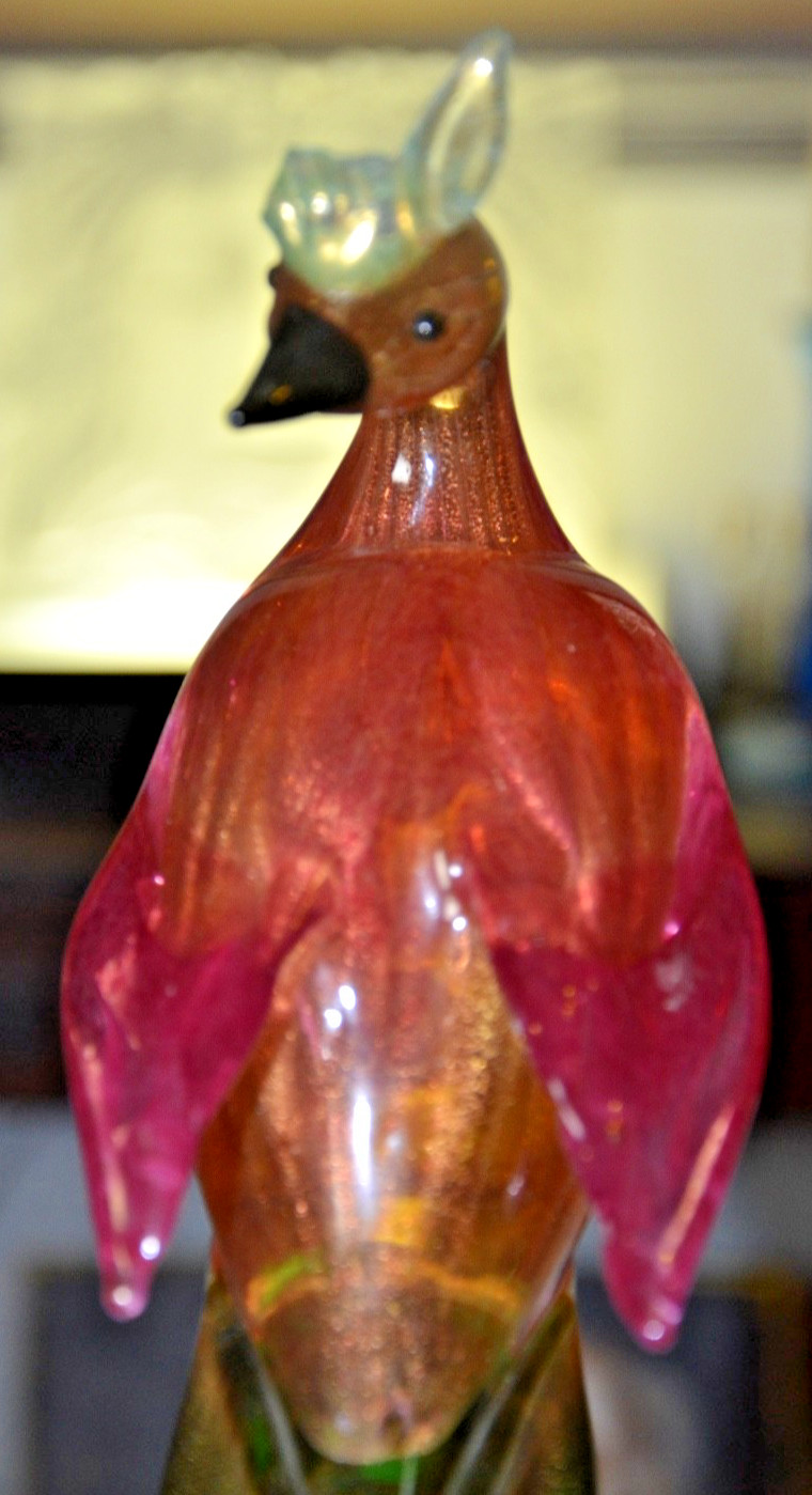 c1950s Pair 17” MURANO Birds Of Paradise/Peacocks Green Red & Aventurine Gold