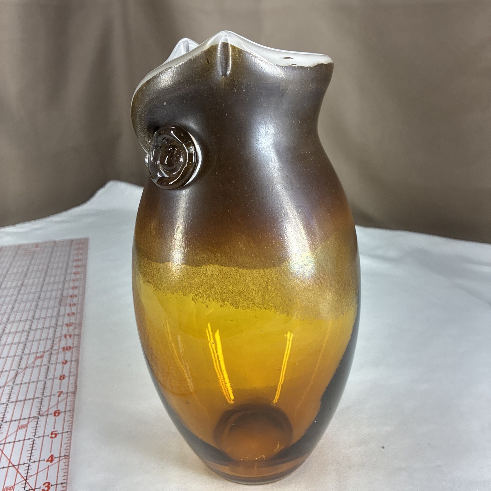 Vintage Boho Style Art Glass Hand Blown Owl Vase 10.5″ Amber, White, Clear Glass