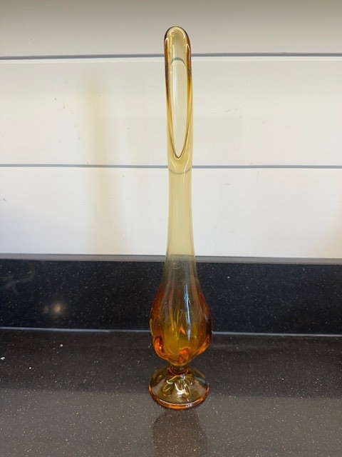 Viking Glass Swung Vase Amber Six Petal Footed Ribbed Vintage MCM 13.5″ Tall