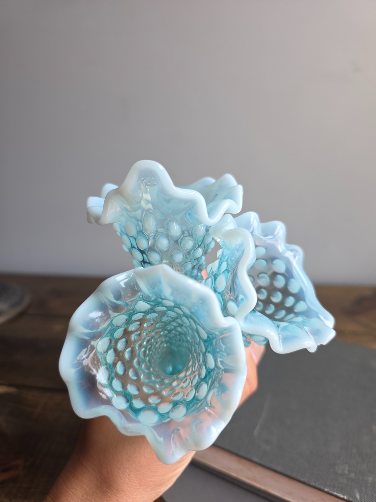 (3) Fenton Horns For Epergne – Opalescent Blue Aqua Hobnail 6″