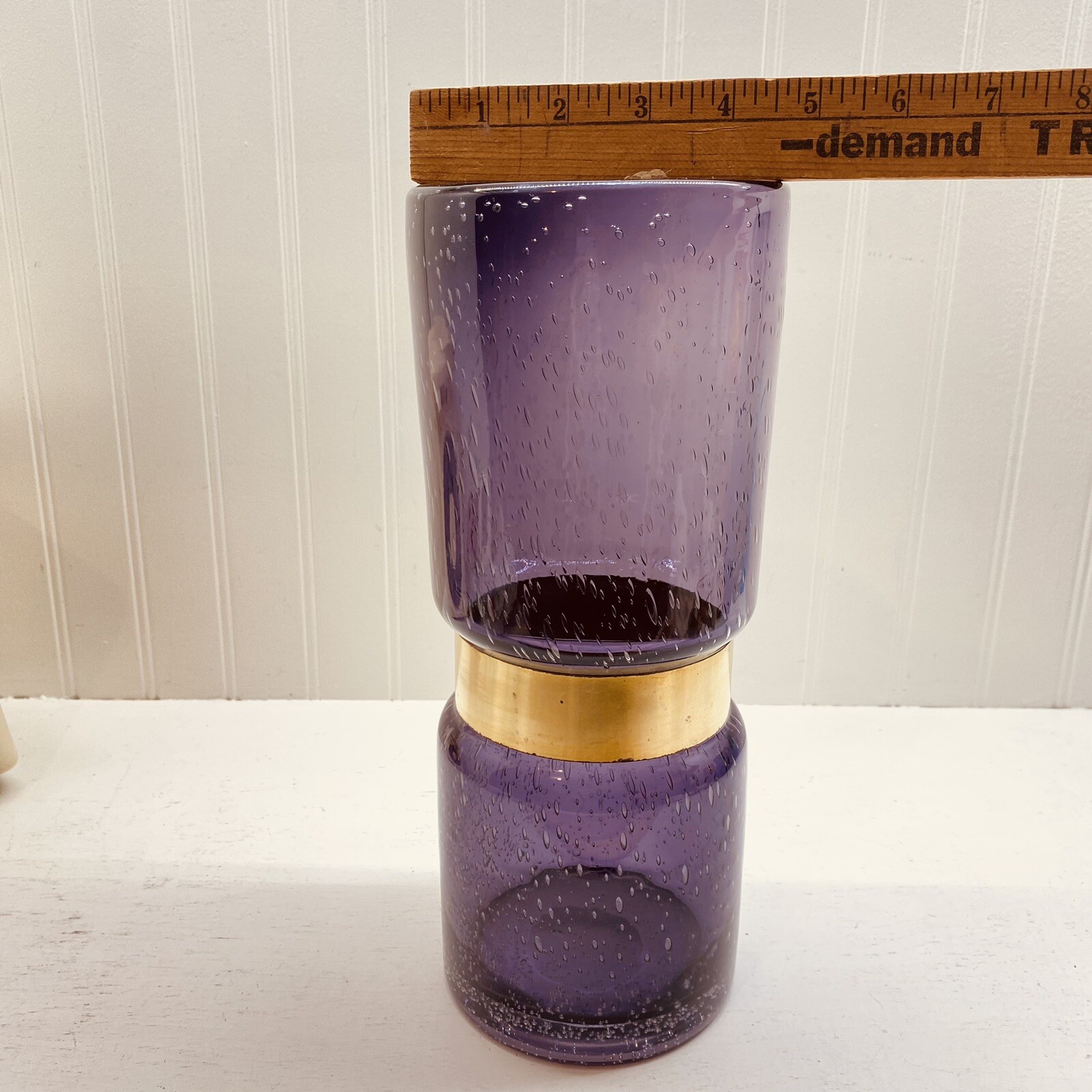 12” Moser Style Blown Glass Vase Gold Incised Band Amethyst Purple