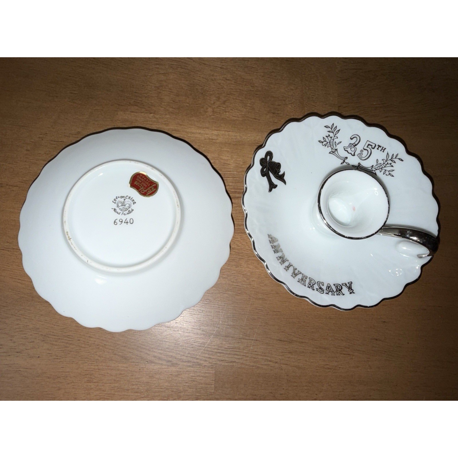 Lefton China 25th Anniversary Candle Holders Pair Silver Trim Porcelain 6940