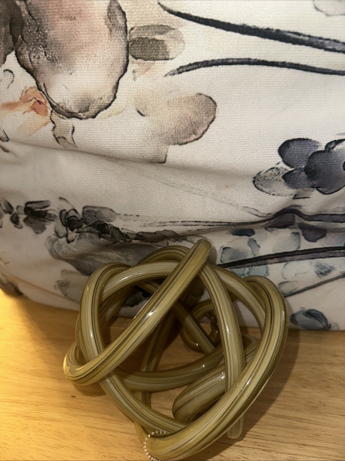 Art Glass Infinity Knot Paperweight Yellow, White, Light Brown Glass Modern