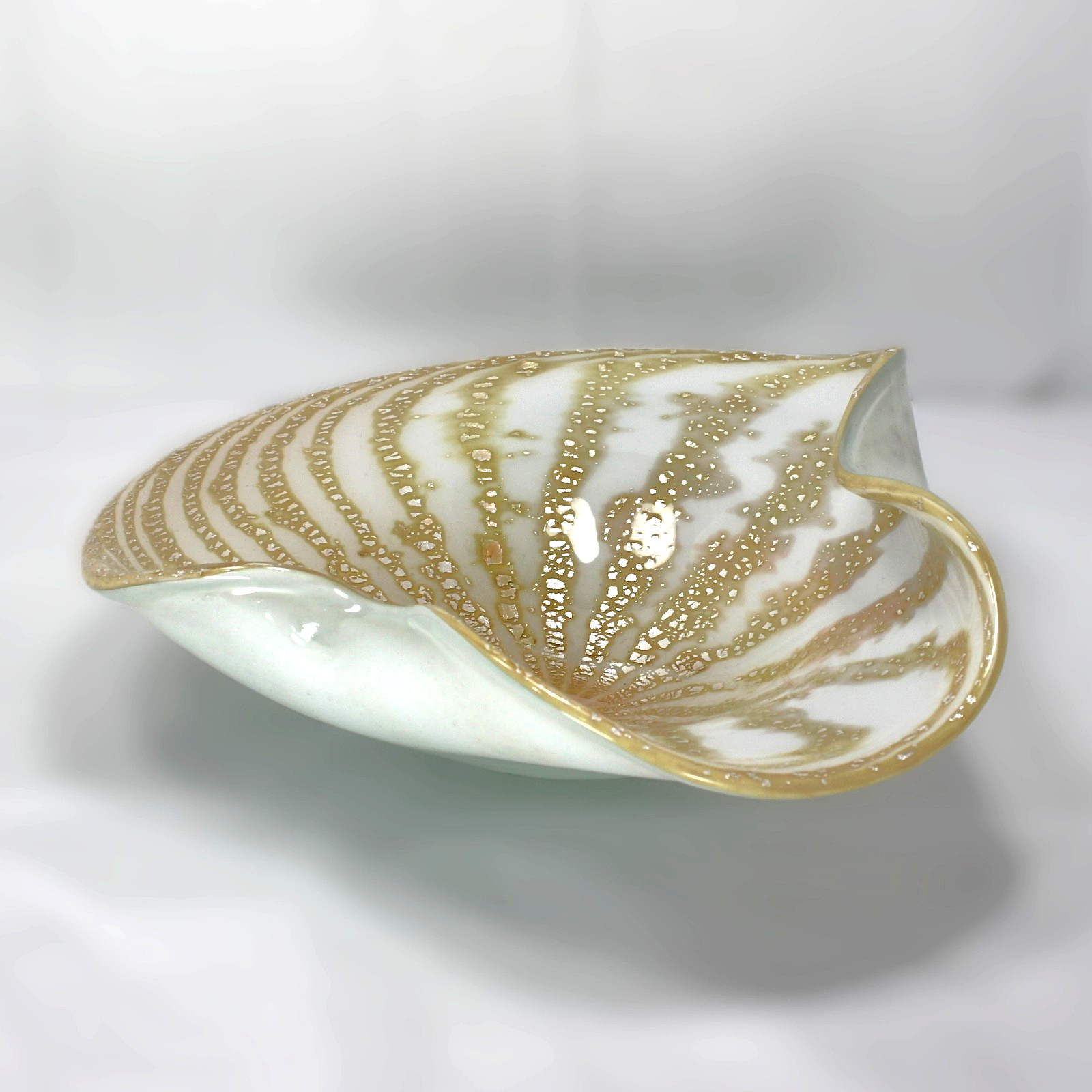 Vintage Authentic Murano Curved Bowl White Silver Leaf Gold Stripe 10″ Italy