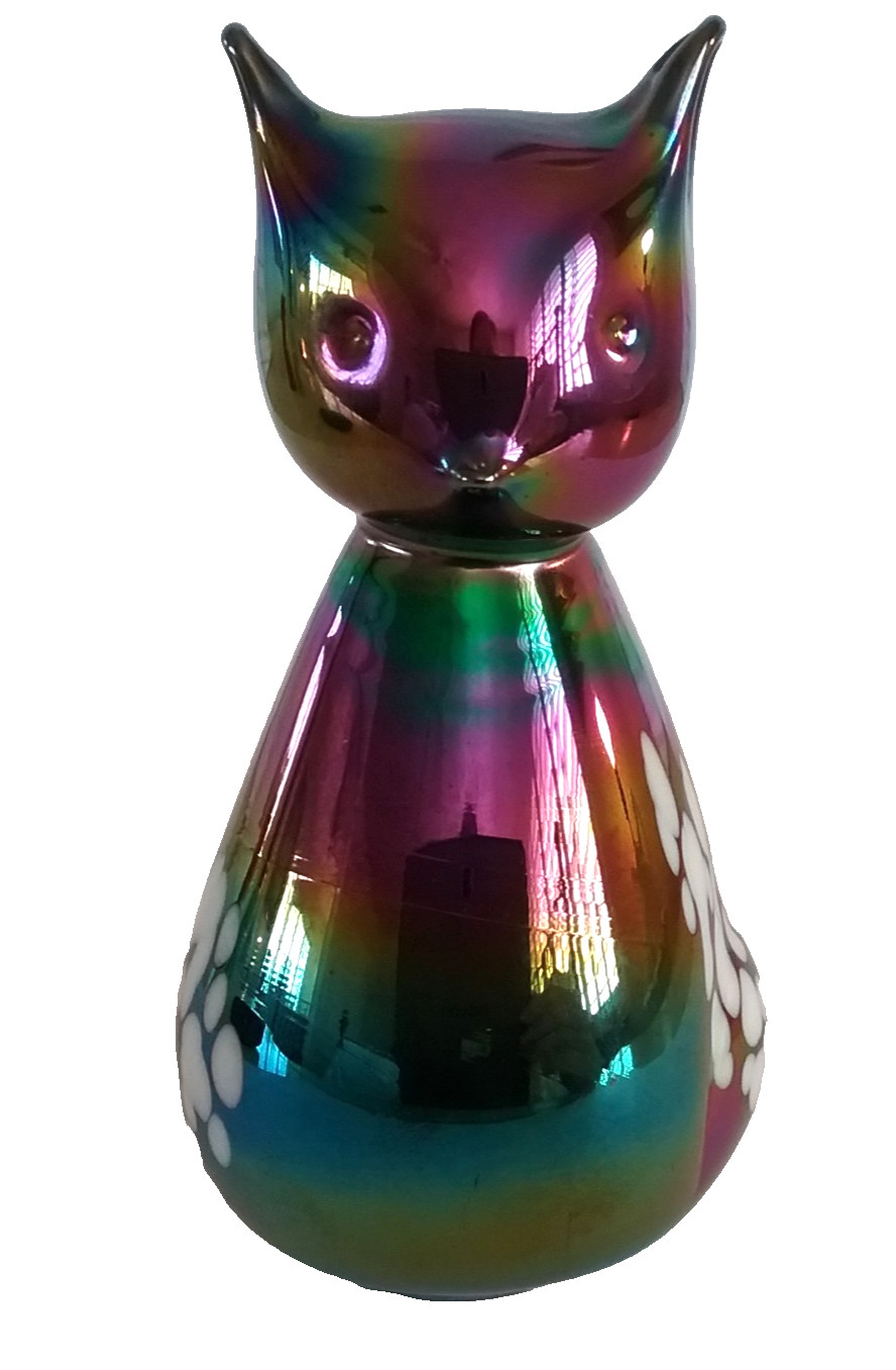 Carnival Solid Glass Art Cat Figurine Paperweight Multicolor Iridescent Smooth
