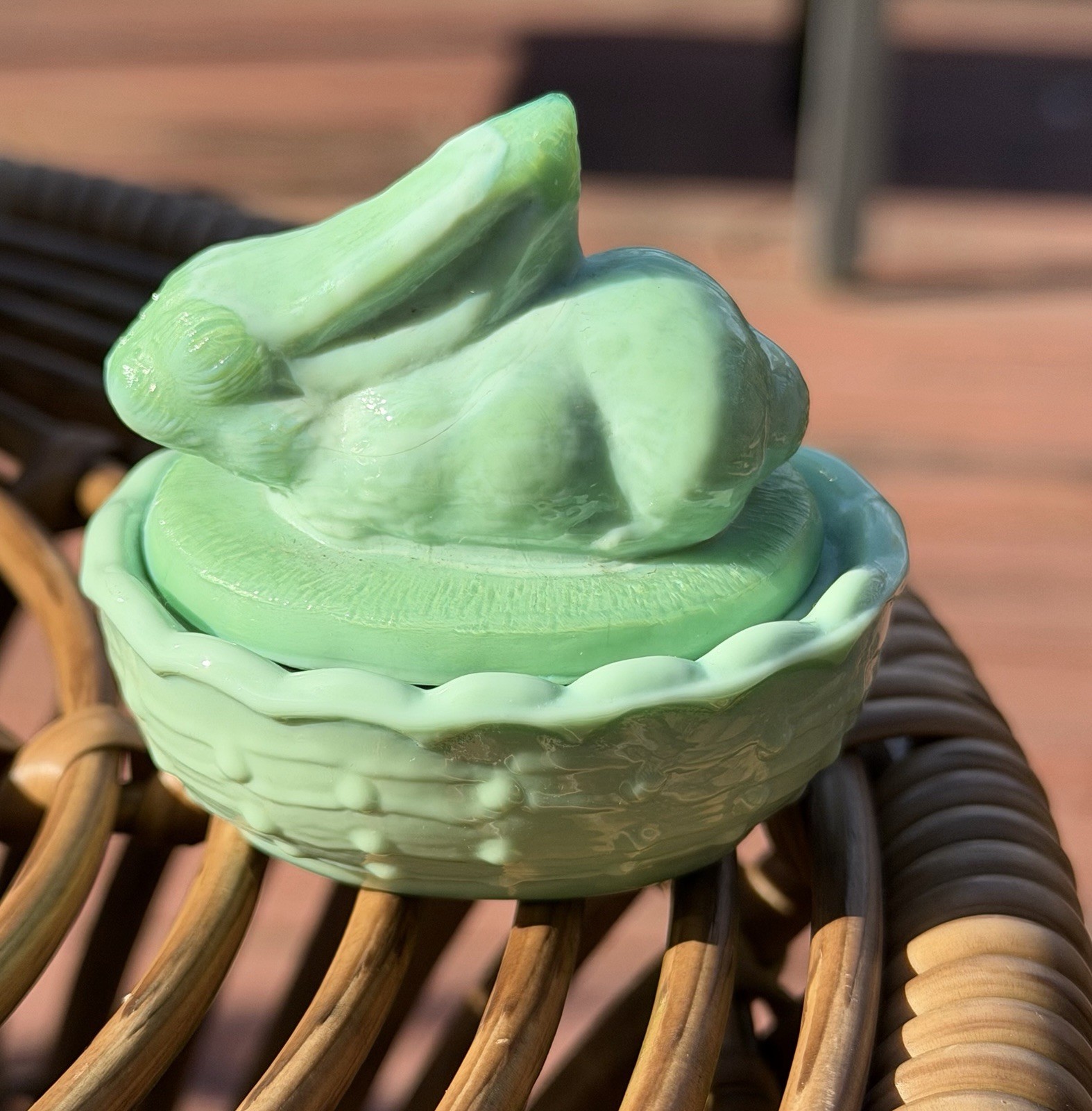 Mini Green Jadeite Art Glass Bunny Rabbit on Basketweave Nest Trinket Dish