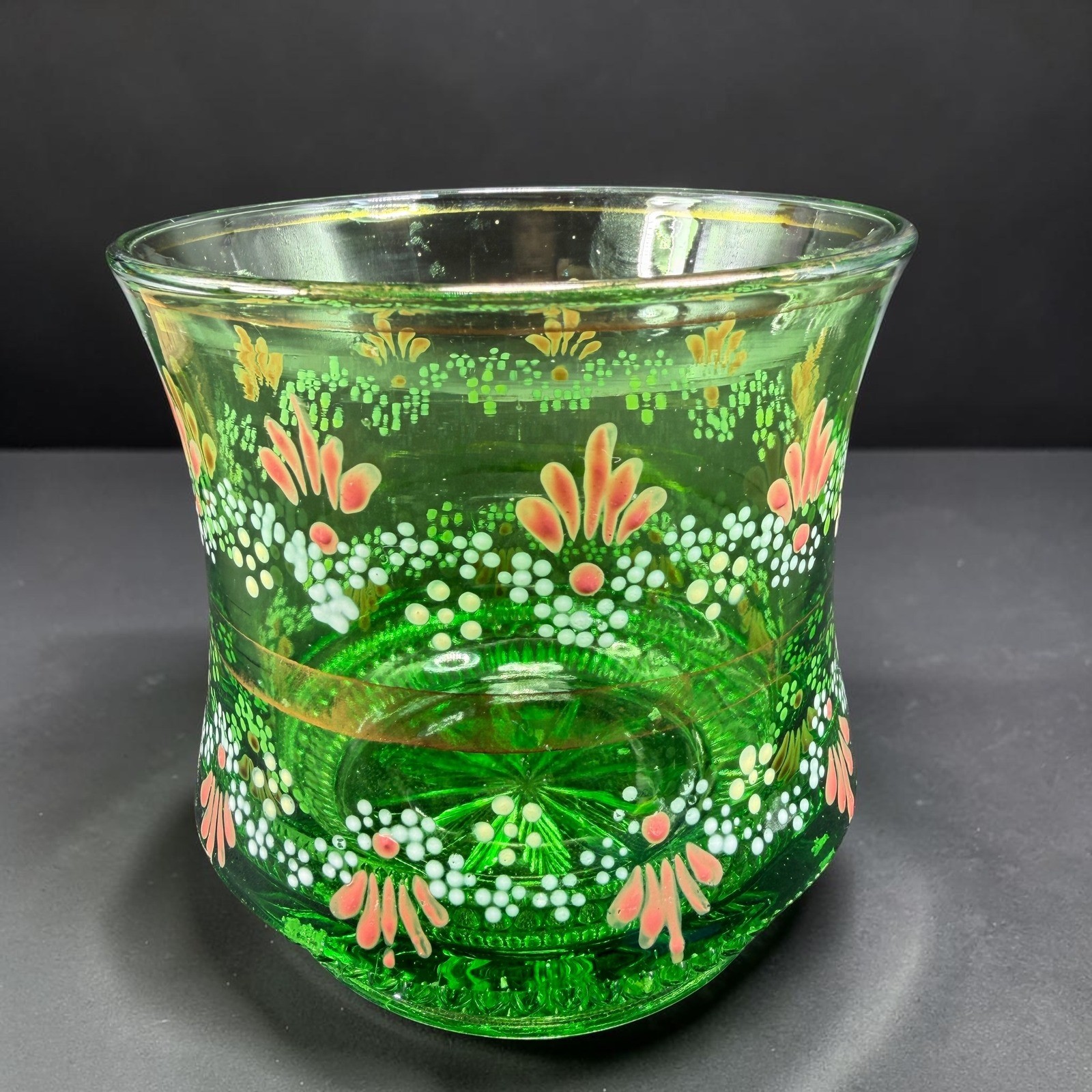 Antique Green Glass Hand Painted Enamel Floral Vase Gold Trim Starburst Base 4in