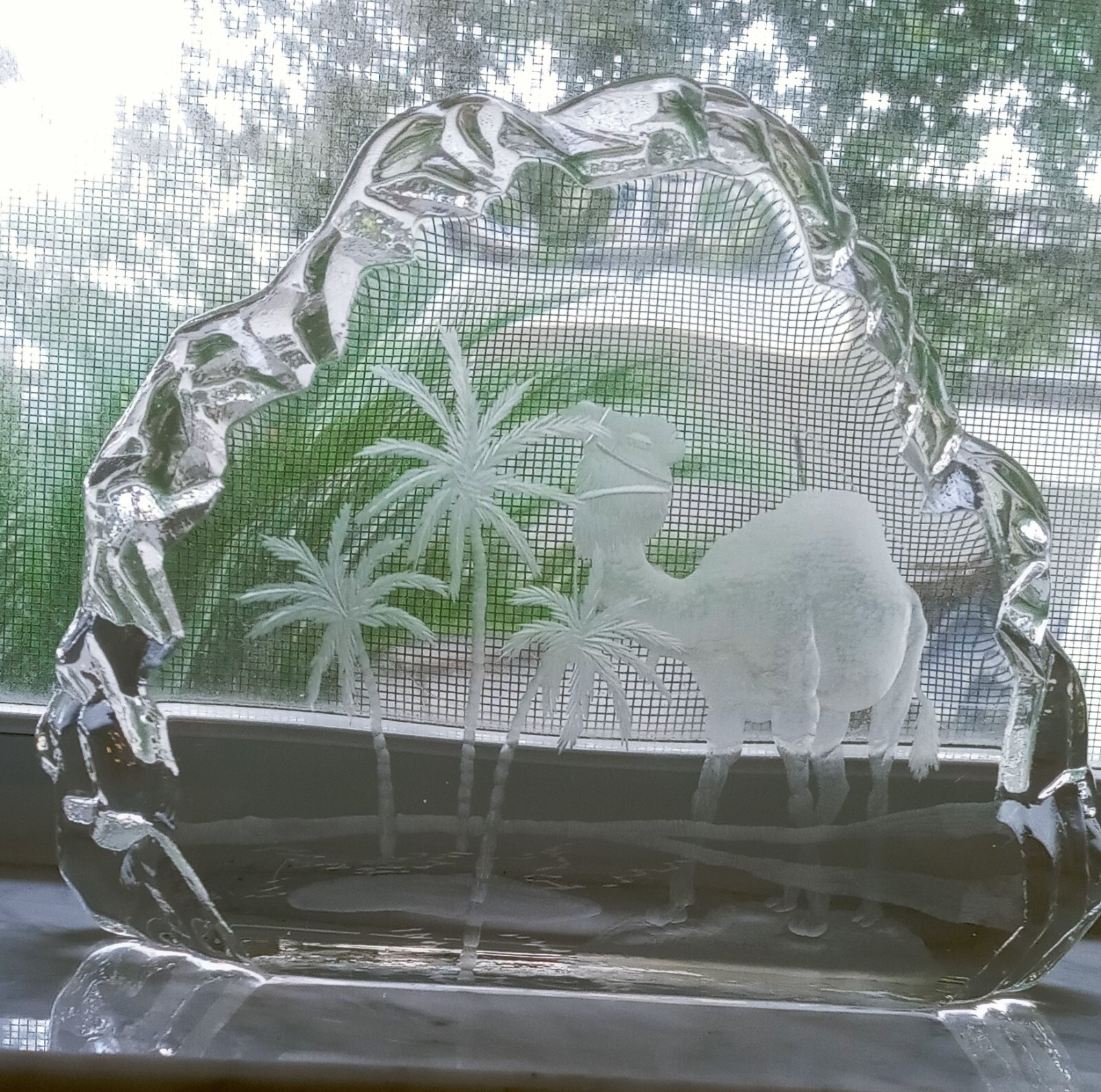 Engraved Art Glass Sculpture – Heavy Table Art Glass – Signed-Camel/Palm Trees