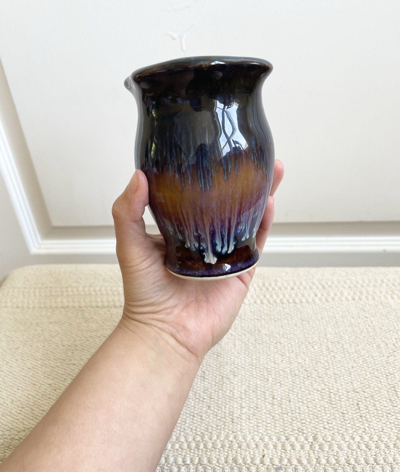 Bill Campbell Art Pottery Bud Vase 4 1/2 in Blue & Purple Drip Glaze Signed
