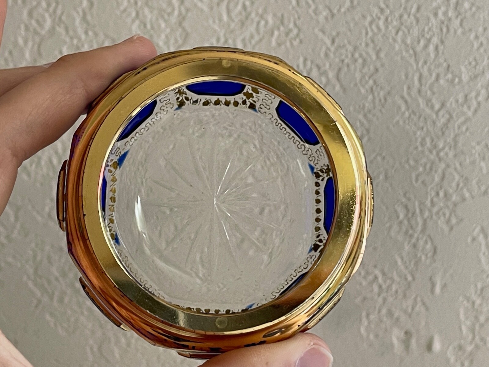 Vintage Antique Manner of Moser Cobalt Clear & Gold Faceted Glass Round Box