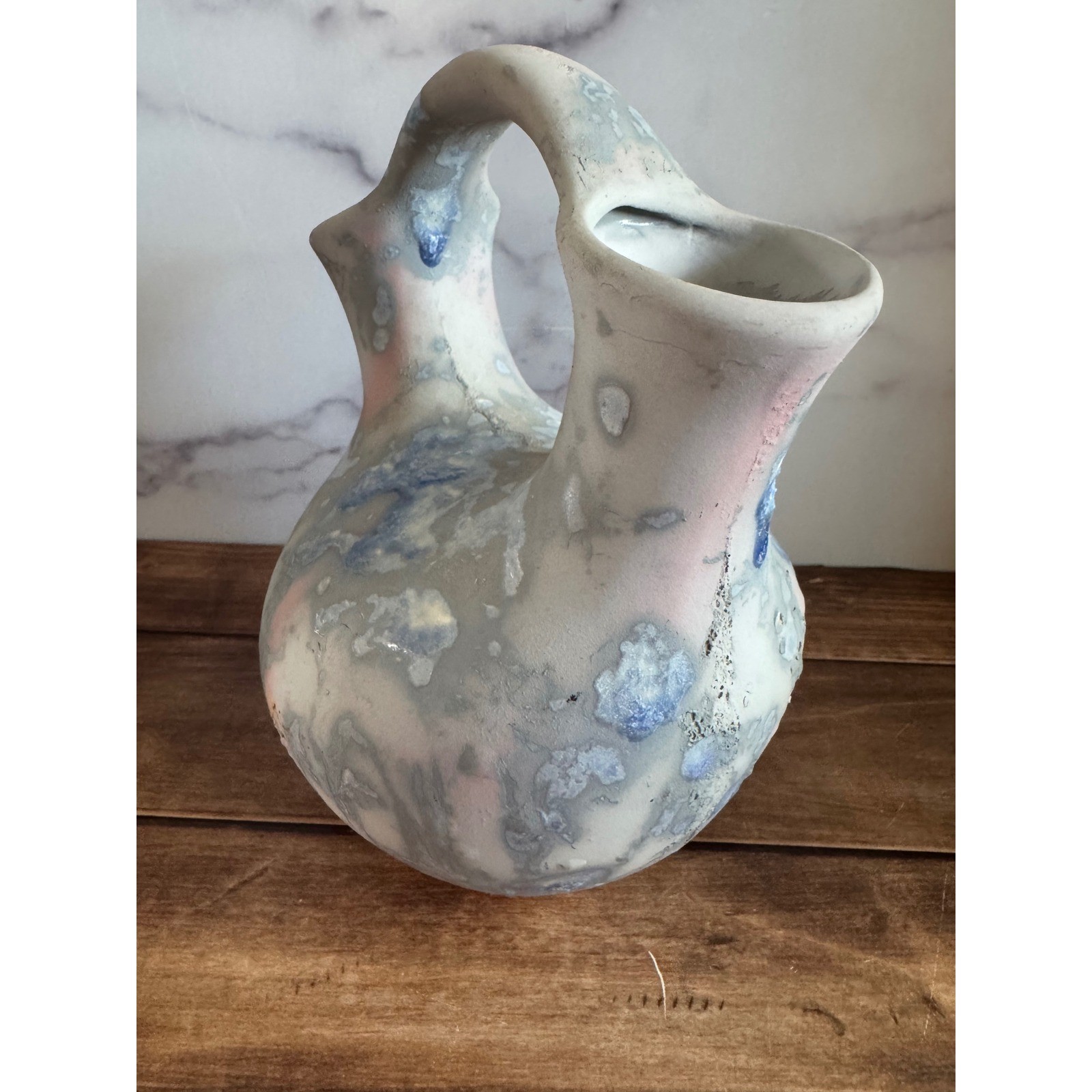 Nancy Brown Studio Pottery Wedding Vase 1989 Signed Double Spout Blue Pink Grey