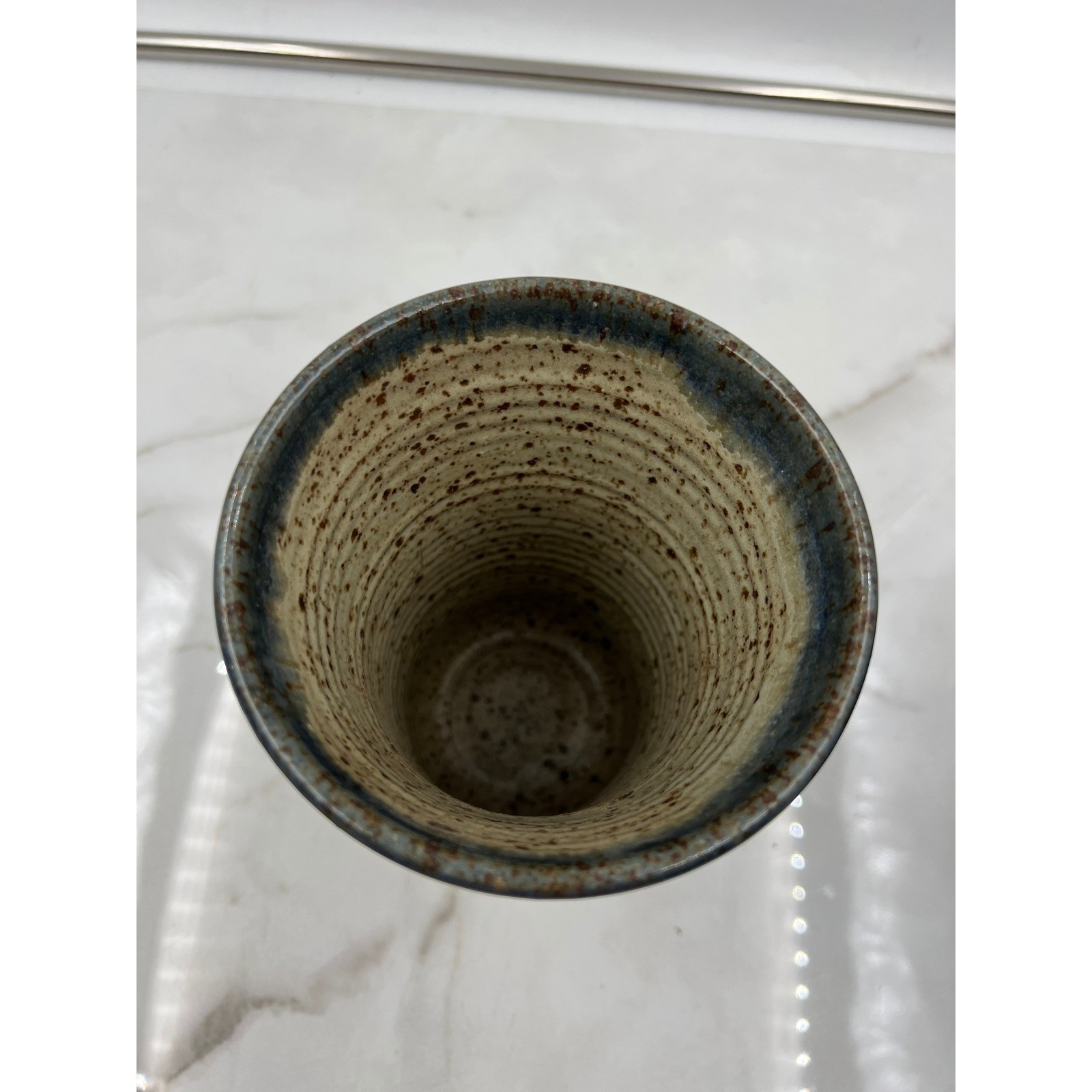 Studio Pottery Bud Vase Utensil Holder Signed Thrown Brown Specked Floral