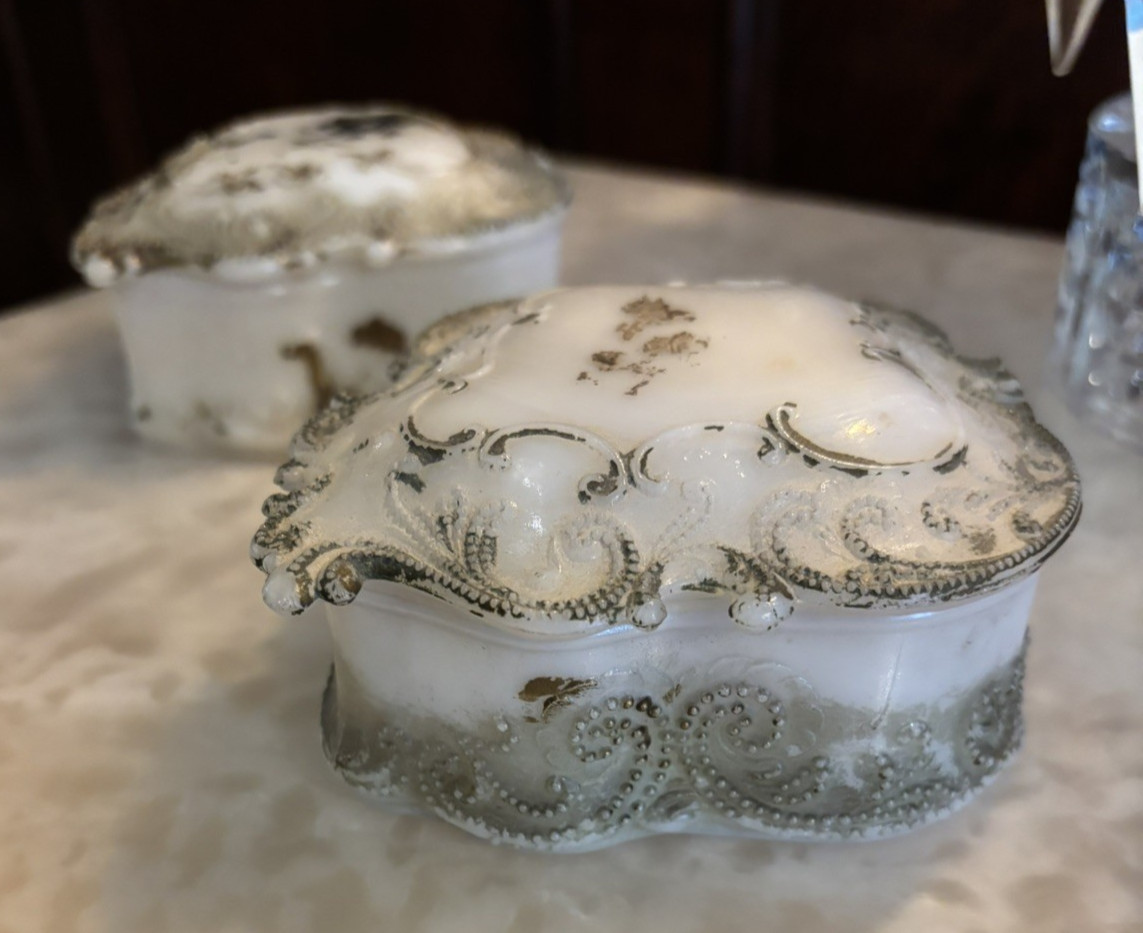 Antique Dithridge & Co late 1800’s Pair (2) White Milk Glass Jewel Boxes Rare