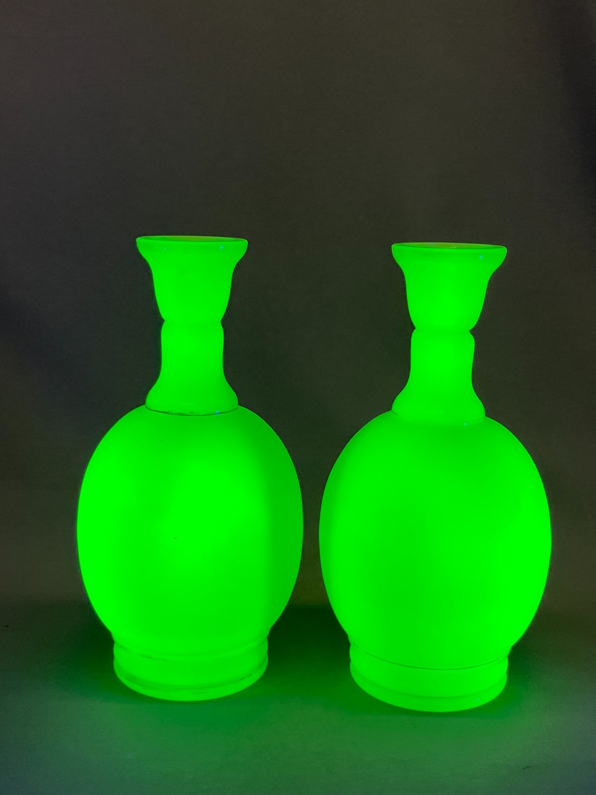 2 ~ 19th C. French Opaline Satin Uranium Glass 9″ Bottle Vases