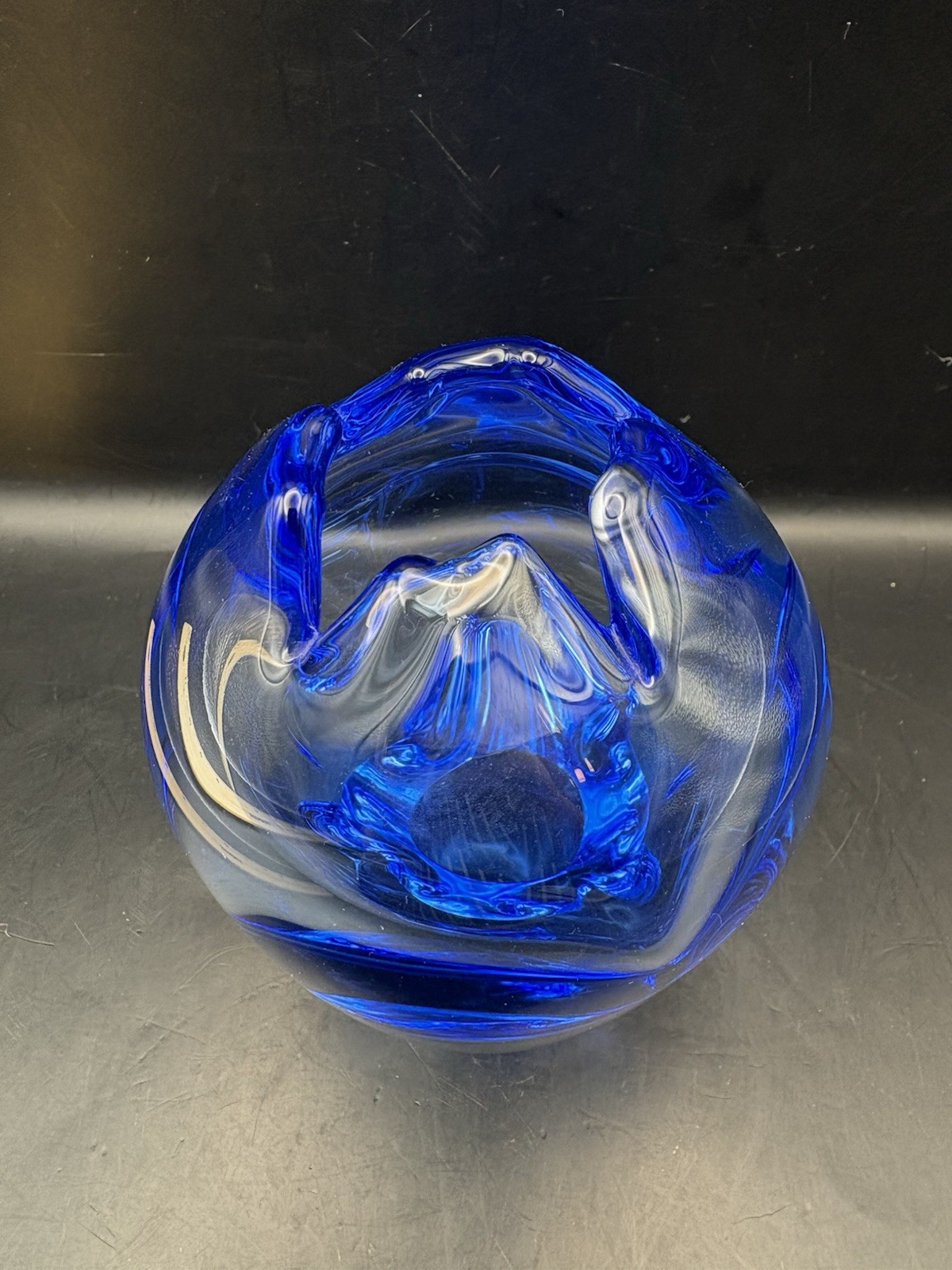 Bohemian Czech Cobalt Blue Art Glass Vase, 4.5 Tall