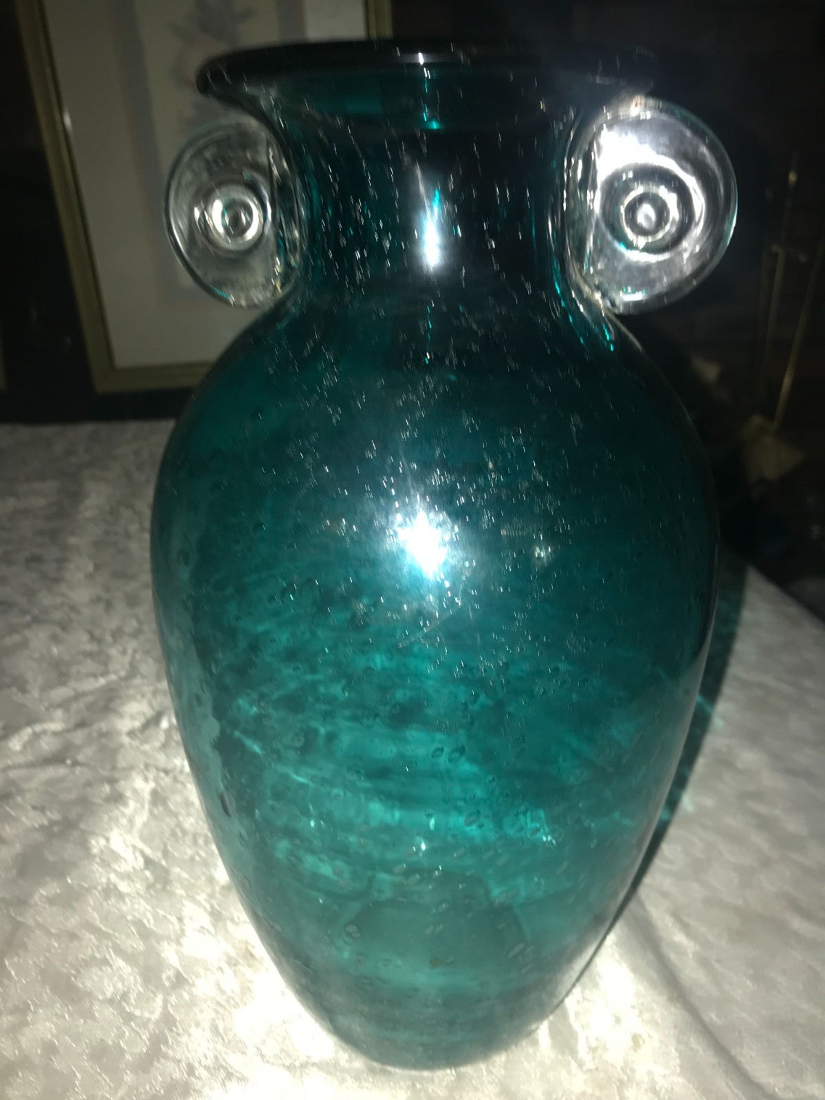 RARE Vintage ORECCHIO Teal BLUE Double Ear HANDLE Bubble STUDIO ART Glass VASE