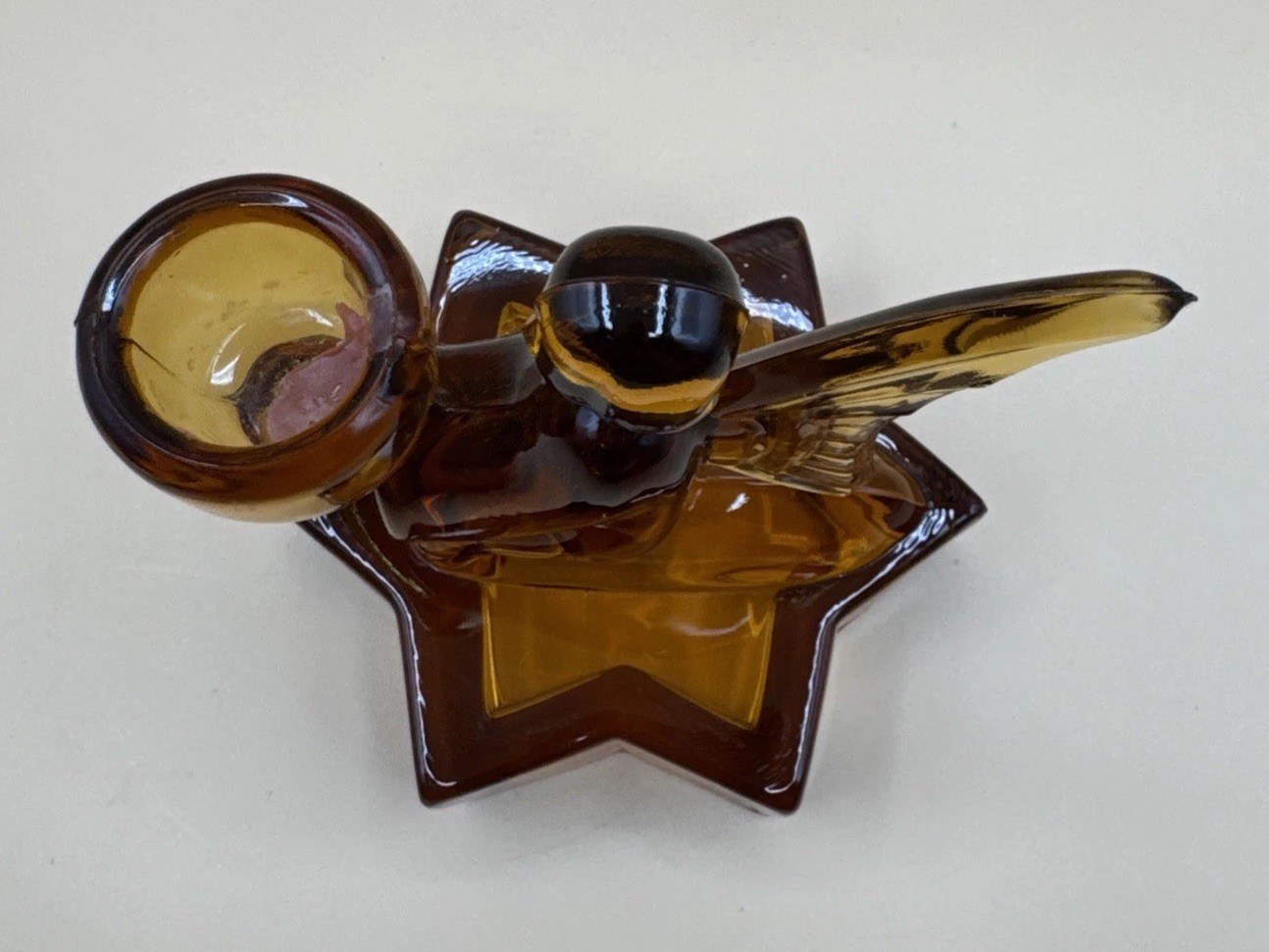 Vintage L.E. Smith Amber Glass Angel Star Taper Candle Holder Christmas