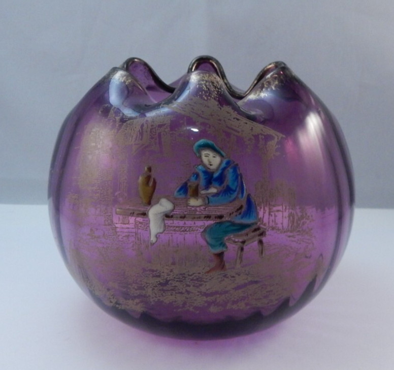 Vintage MOSER ROSSLER Purple Amethyst Glass Bowl Man Sitting at Table