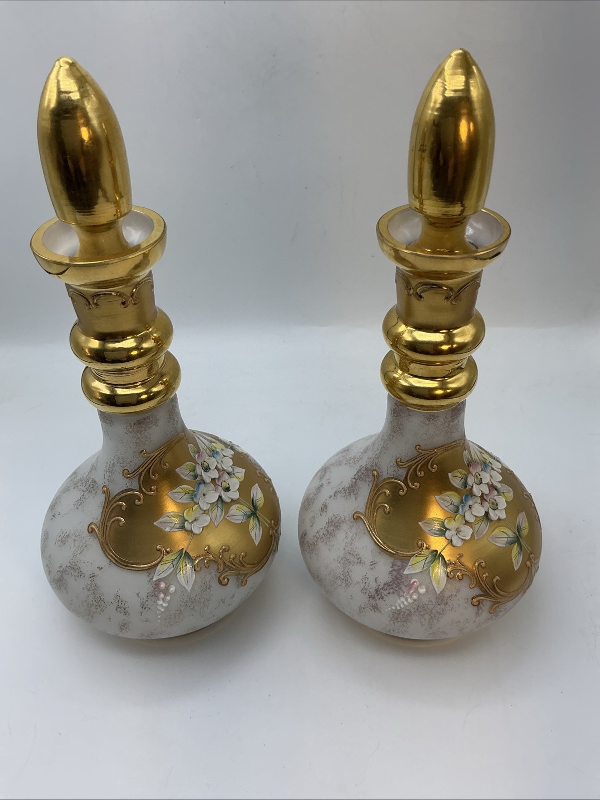 Pair Of Moser 10” Pink Bottles Flowers In Relief